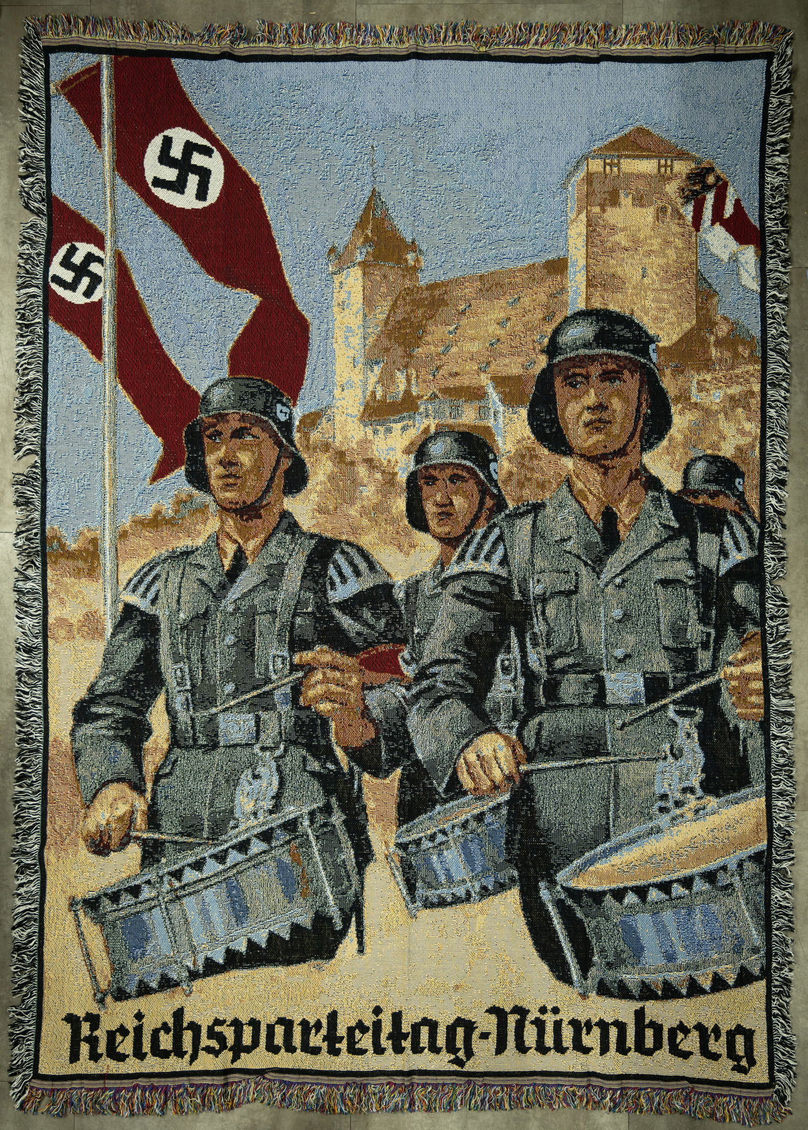 WWII German Waffen SS Wall Tapestry: World War Two Nazi Germany Waffen SS Wall Tapestry embroidered cloth woven cotton construction Depicts Waffen SS soldiers playing drums There are two swastika banner flag in the upper right-hand