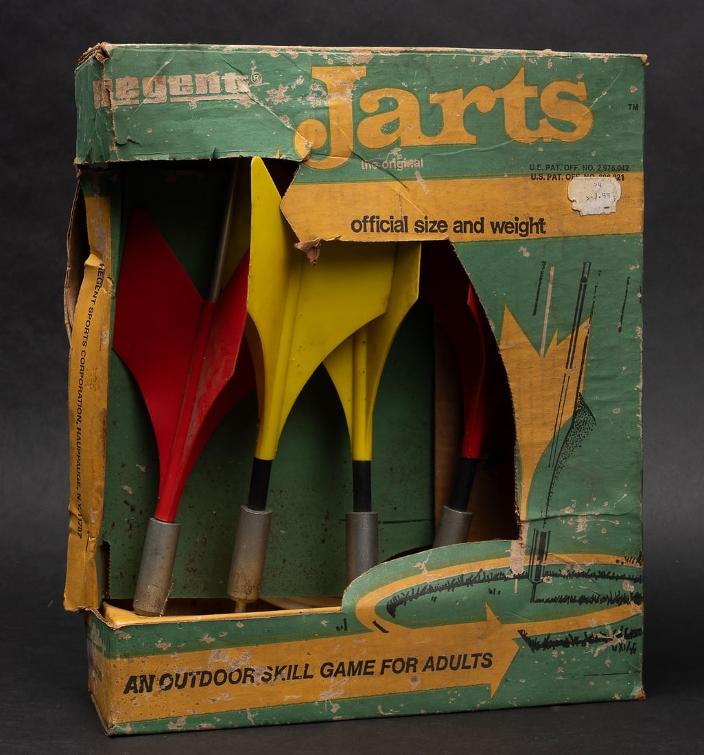Regents Jart Lawn Dart Set in Original Packaging Display Box: Hard to Find Original Lawn Darts Set All Darts and Original Rings Included Set Has Been Used und Put Back Into The Box 2 of The Darts Are missing The Lock Nut Which is Easily Replaceable & 1 Collar