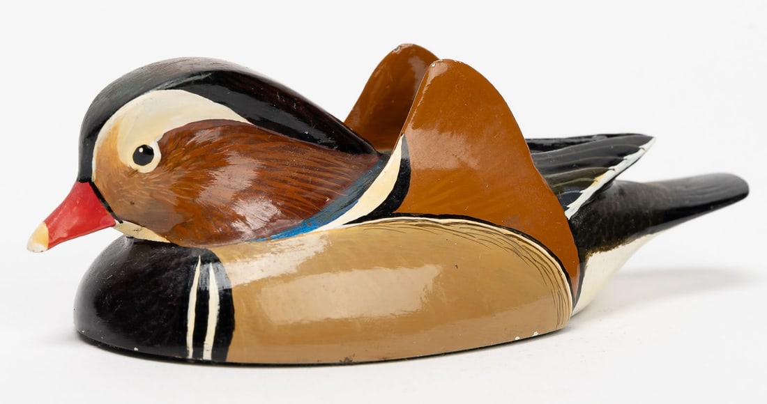 Val Bement Mandarin Cartier Duck 1975: Val Bement Mandarin Duck Made for Cartier 1975 Artist Signed Commissioned Decorative Sculpture An Exceptional And Rare Mandarin Duck Sculpture Hand Carved By Renowned American Artist Val Bement As a