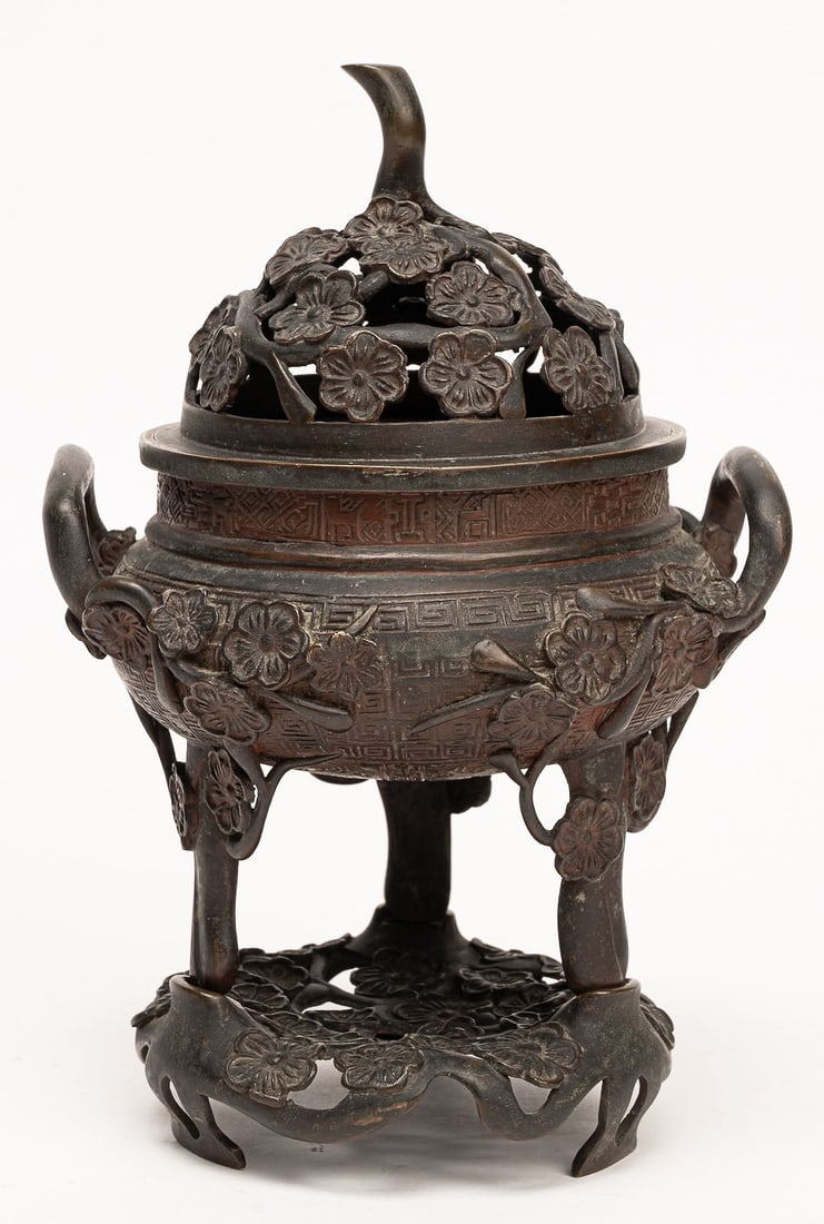 Chinese Cherry Blossom Bronze Tripod Incense Burner (1 of 12)