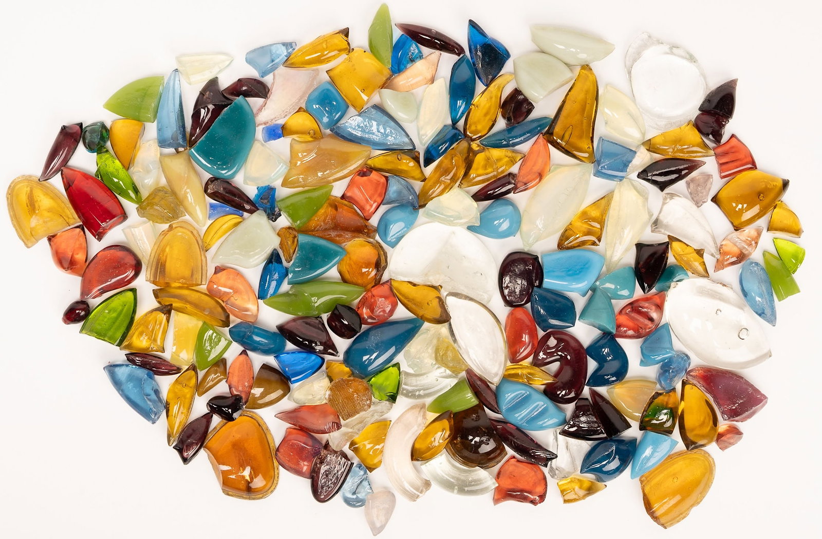 19th c. LCT Tiffany Studio Art Glass Tiles Parts Collection 160 Pcs: 19th Century Louis Comfort Tiffany Studios Art Glass Tiles Parts etc 160 Pieces Iridescent and Opalescent some Tranluscent in Varous Colors Amber Milky Blu Purple Green Red and more Art Glass Parts