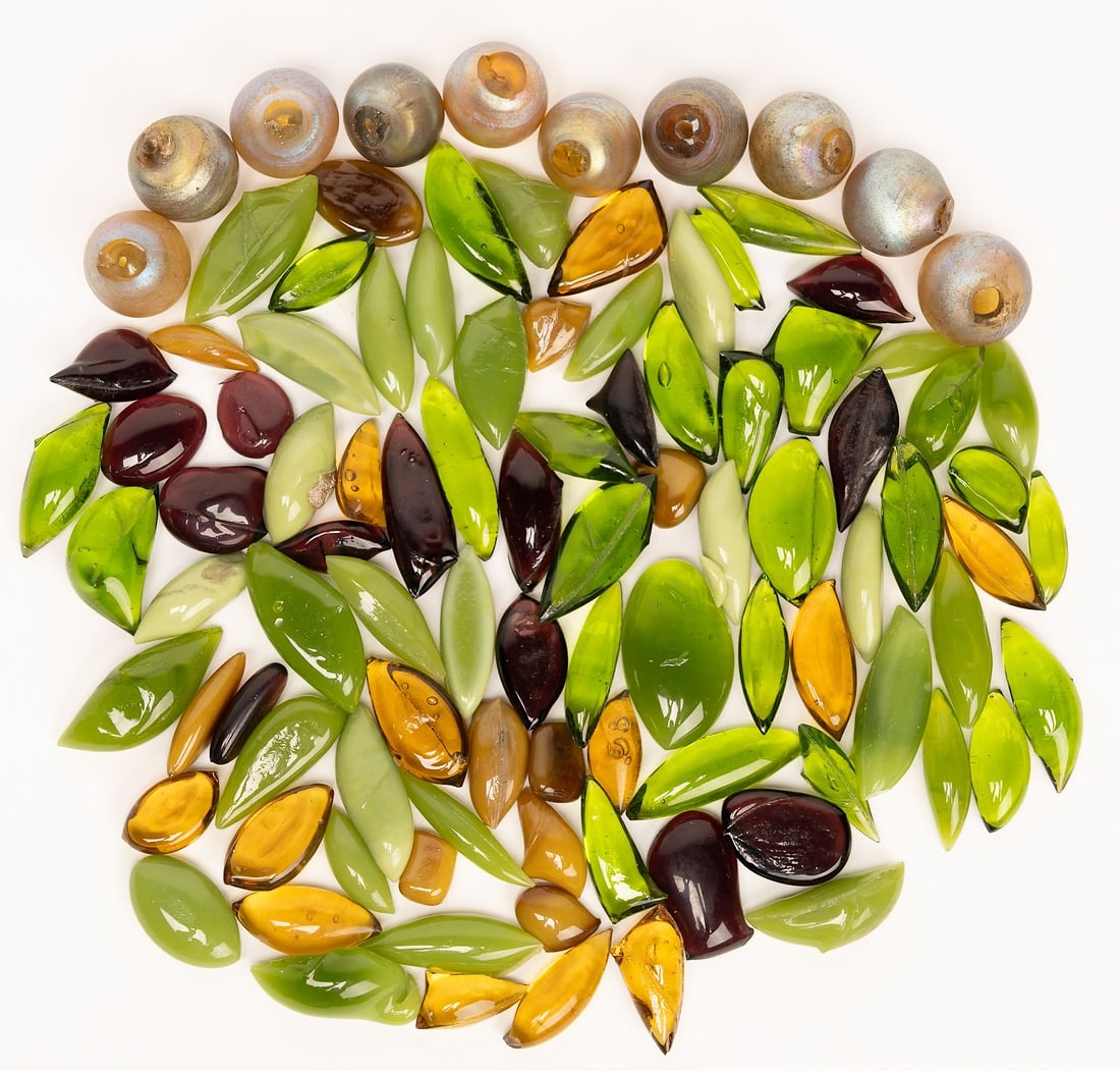 19th c. LCT Tiffany Studio Art Glass Tiles Parts Collection 100 Pcs: 19th Century Louis Comfort Tiffany Studios Art Glass Tiles Parts etc 100 Pieces Iridescent and Opalescent some Tranluscent in Varous Colors Amber Green Purple and more Art Glass Parts Tiles for