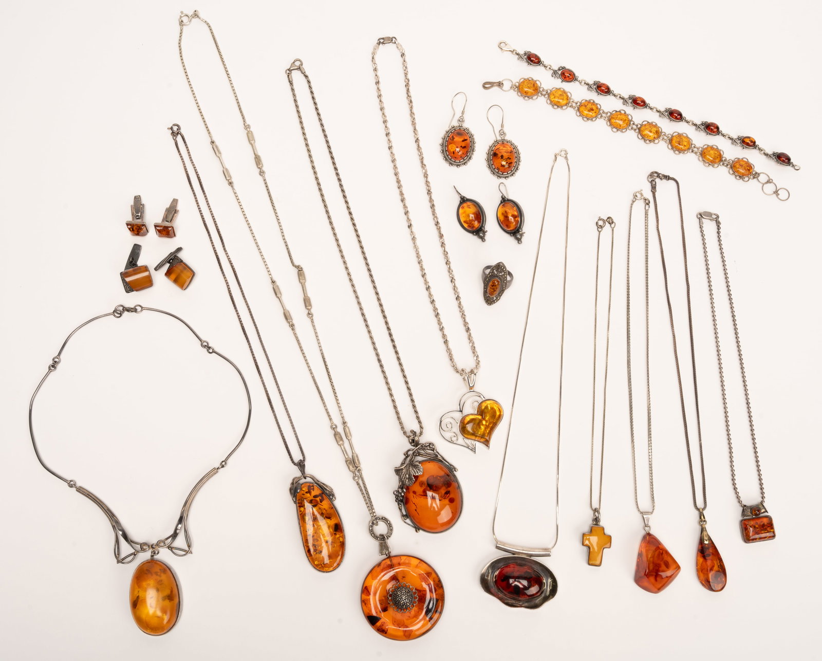 Large Amber Sterling Silver Jewelry Collection: Natural Amber Sterling Silver Jewelry Collection including 10x Necklaces 2x Earrings Pairs 2x Bracelets 2x Cufflinks Pair 1x Ring Art Deco Mid Century Modern Modernist Art Nouveau Danish ? Niels