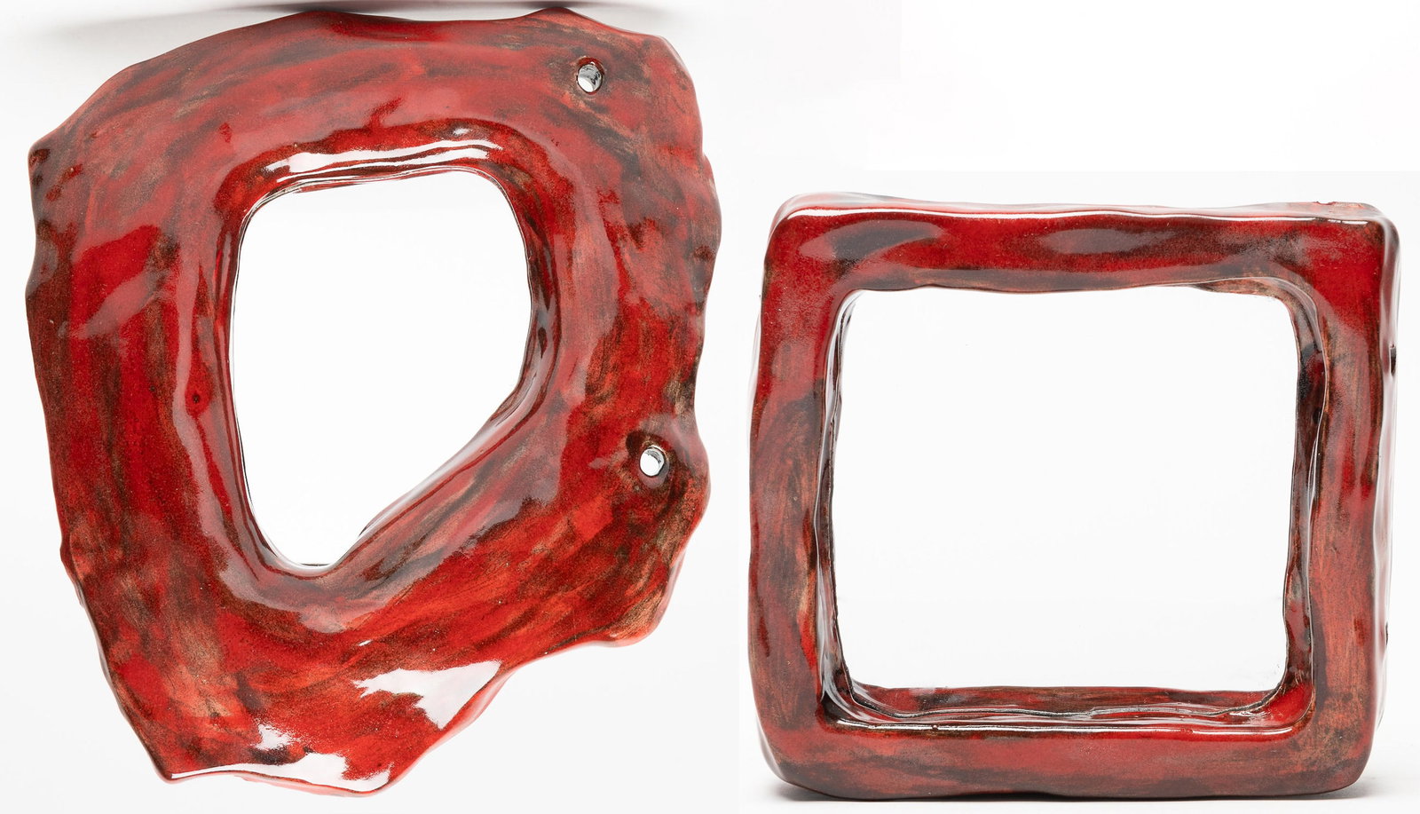 Juliette Derel ( French 1918 - 2007 ) Mid Century Ceramic Wall Mirror Lot: Juliette Derel ( France 1918 - 2007 ) Mid Century Ceramic Wall Mirror Collection Features Asymetrical Hand Made Organic Unique Frame Hand Glazed with Exquisite Enamel Work in Bold Colors and Vibrant