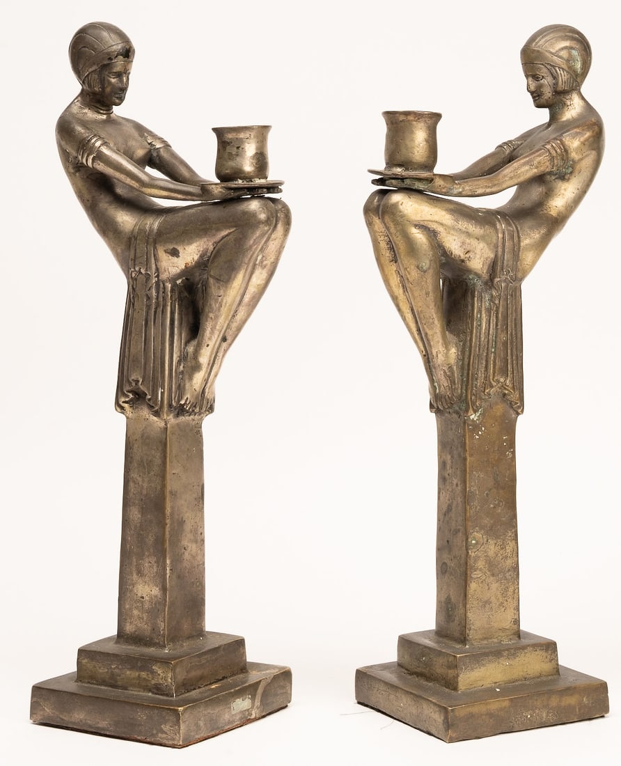 Art Deco Biba Figural Bathing Nude Beauty Bronze Sculptural Candlestick Pr: Art Deco Biba Figural Bathing Nude Beauty Bronze Sculptural Candlesticks Pair Max Le Verrier Style Circa 1930s Decorative Sculpture Depicting a Figure of a Woman in a Seated Pose Presenting a Candle