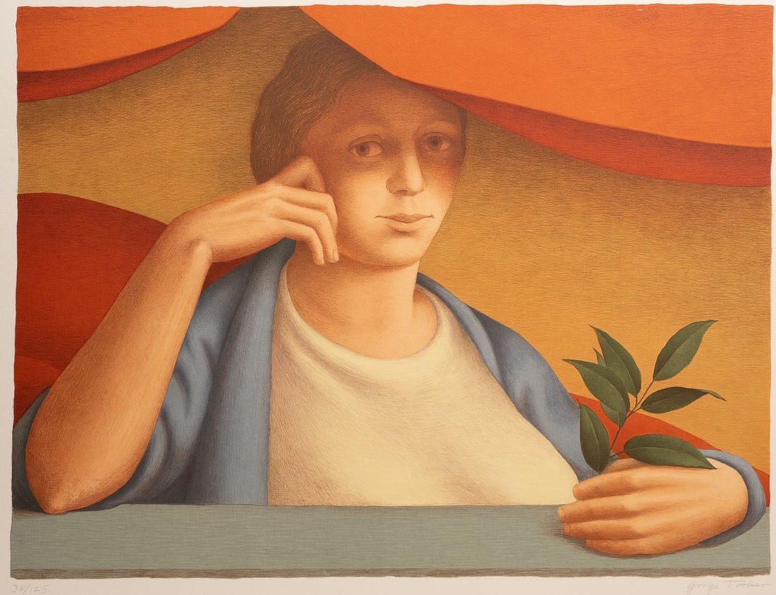 George Tooker ( American 1920 - 2011 ) "Woman with a Sprig of Laurel" Lithograph: George Tooker ( American 1920 - 2011 ) "Woman with a Sprig of Laurel" Color Lithograph Depicts a Person with a Serene Expression Holding a Small Branch of Laurel Leaves in the Realism Style Influenced