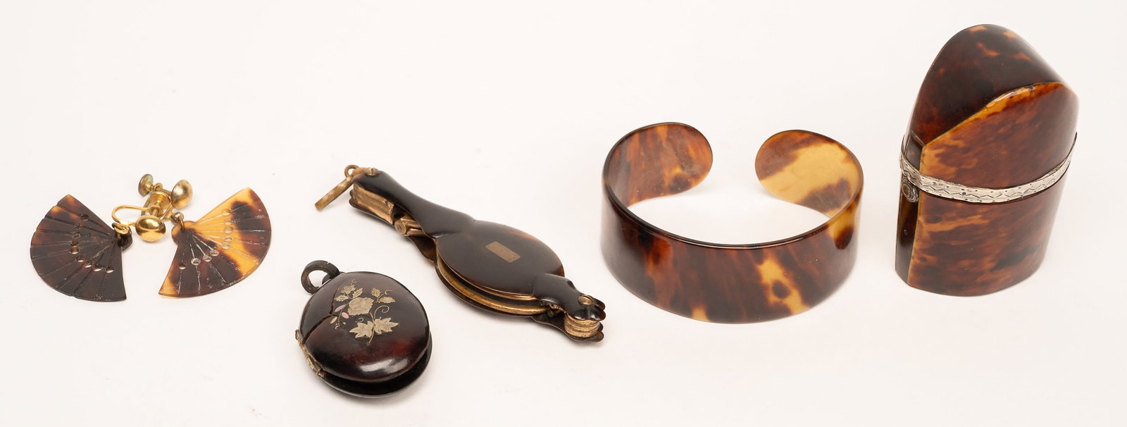 19th c. Tortoise Shell Collection Snuff Box Lorgnette Pique Locket Cuff Bracelet Earrings etc (1 of 15)