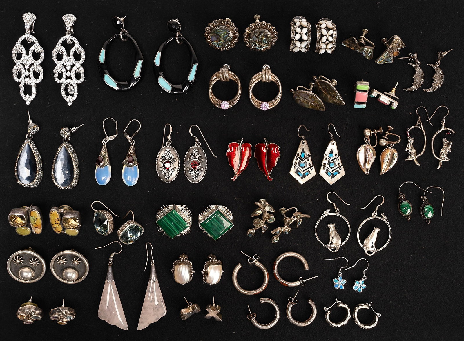 Sterling Silver Earrings Collection 32Pcs Ippolita Judith Ripka Mecxico etc: Sterling Silver Earrings of 32 Pairs Including Signed Pieces: 1x Judith Ripka Chandelier Clip On earrings 1x Ippolita Black Resin Turquoise Dangle Stud Earrings 1x Calderon Atachi Malachite Clip on