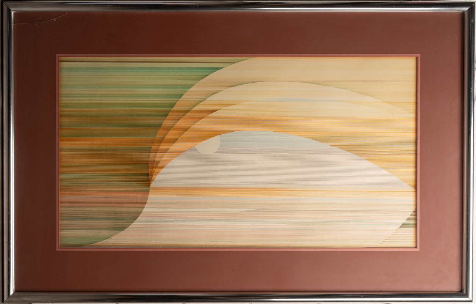 Marcus Uzilevsky ( American 1937 - 2015 ) Linear Landscape Serigraph Signed: Marcus Uzilevsky ( American 1937 - 2015 ) Linear Landscape Serigraph Signed and Dated with pencil to Lower left "76" Depicting Sunset in Valley and Mountain Framed under Plexi Glass approx: 51 1/4"L