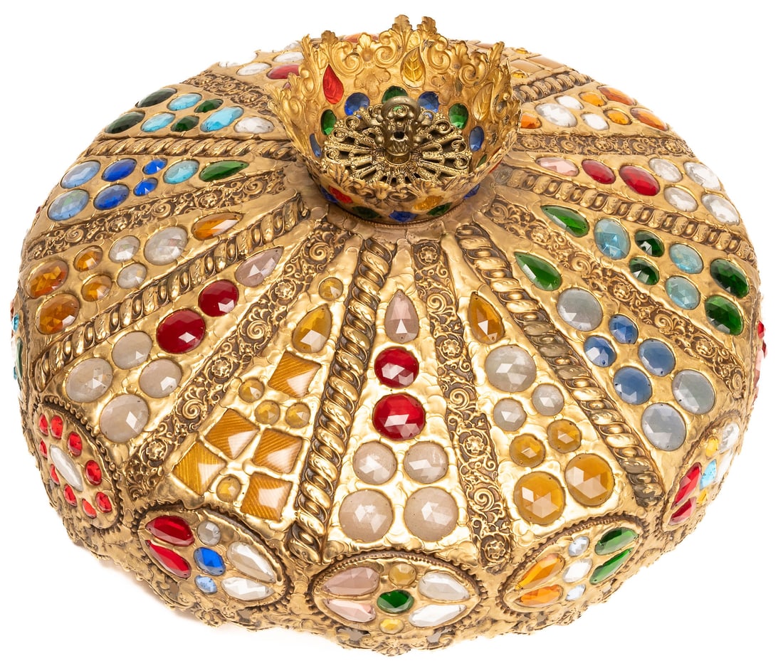 Mid-Century Jeweled Gemstone Chandelier Fixture: Mid-20th Century Hollywood Regency Jeweled Chandelier Hanging Light Fixture Shade set with Faceted Lucite Gemstone Jewels 22.5" diameter 11.5" height 1960s possibly L&L Loevsky & Loevsky ? Arts and Cr