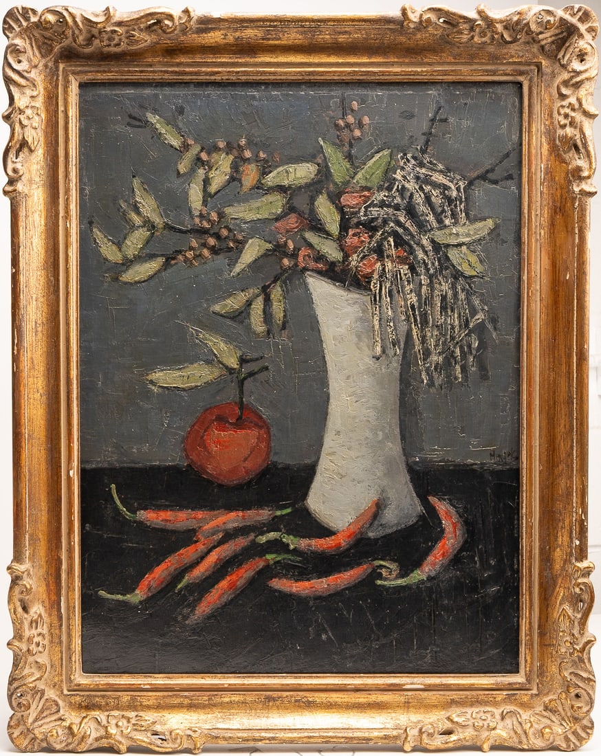 Hubertus Johannes Mengels (Dutch,1921-1995) Mid-Century Modern Abstract Still Life Oil: Hubertus Johannes Mengels (Netherlands 1921-1995) Mid-20th Century Modern Abstract Still Life with Flowers, Chilis and Apple Oil on Board rendered in impasto Signed middle right Framed 28.5" H 22.5" L