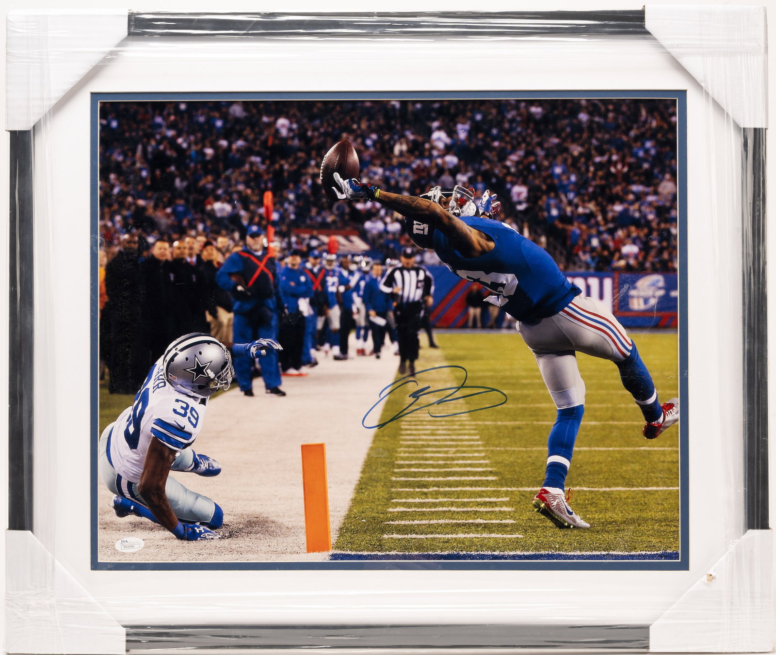 Odell Beckham Jr. Signed Giants Photo JSA Certified COA: Odell Beckham Jr Autographed New York Giant Football 16x20 Photograph Featuring the Iconic Three Finger Catch Professionally Matted and Framed Accompanied by JSA Certificate of Authenticity Number