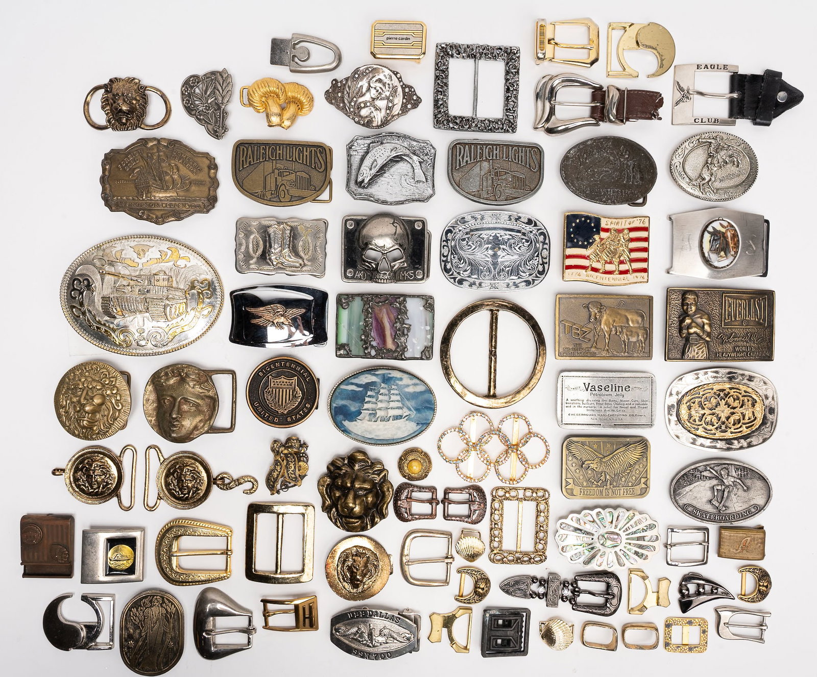 Large Belt Buckle Collection 70pc Militaria Equestrian Brass Steel etc: Large Vintage Belt Buckle Collection Grouping Group Lot of 70 Featuring Nickel Brass Enamel Pewter Leather Seashell Military Equestrian Advertising Farming Sports Mythology Retail Patriotic Animal