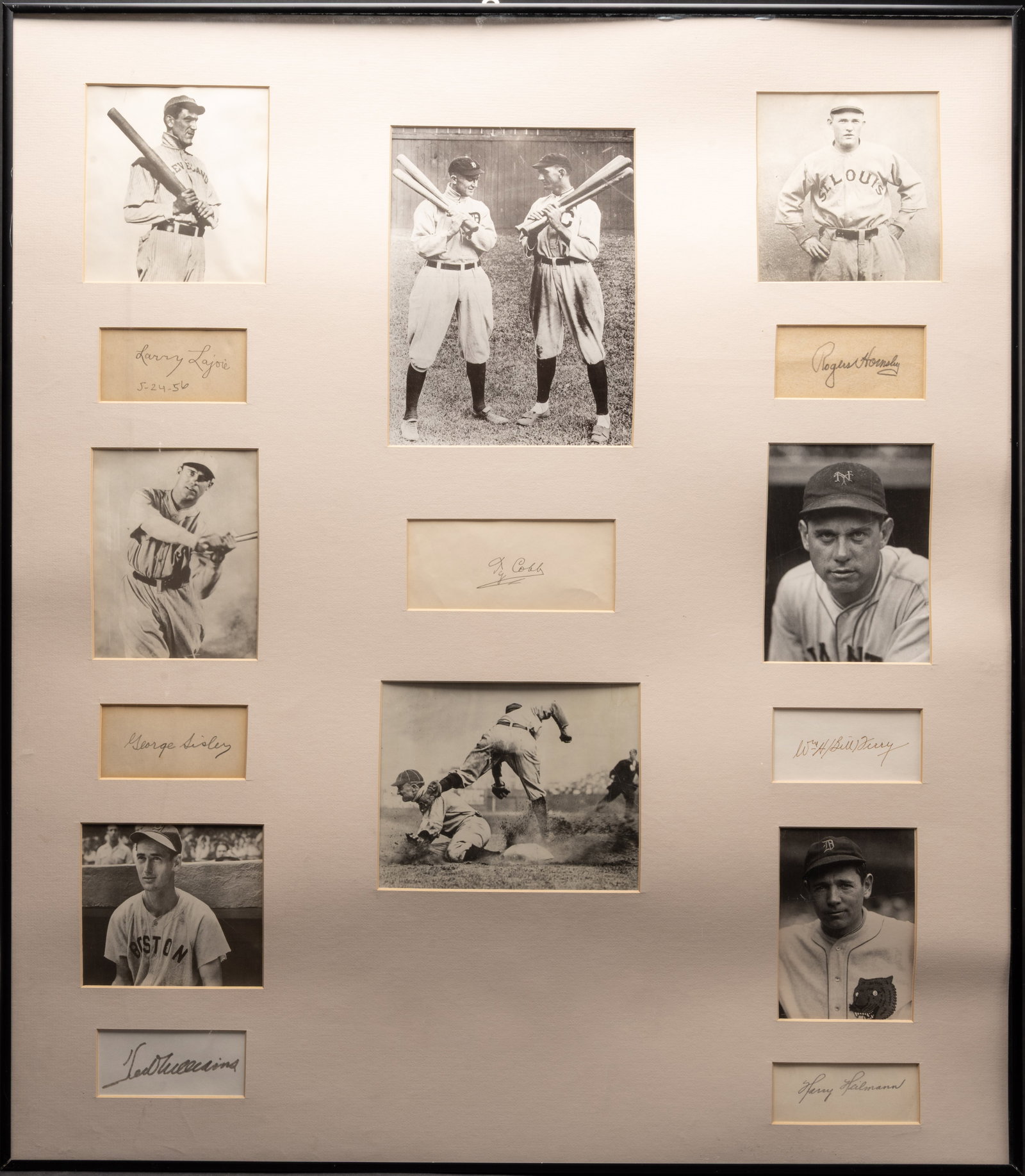 Hall of Fame .400 Hitters Autographed Photo Display Featuring Ty Cobb w/ COA: Framed Display Featuring SIgnatures Autographs of Legendary Hall of Fame Baseball Players Who Achieved the Rare .400 Batting Average in a Major League Season Including Ty Cobb Nap Lajoie Rogers