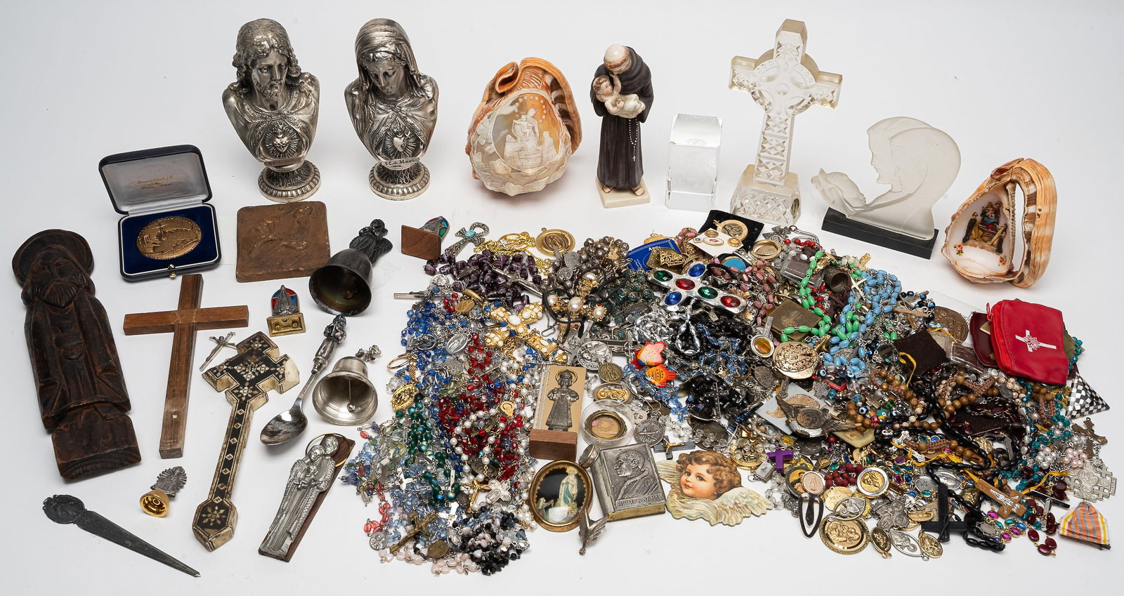 Large Religious Collection Artifact Jewelry Bust etc: Large Religious Collection Artifact Jewelry Bust and Decorative Objects Consisting of a Matched Devotional Bust Pair of the Sacred Heart of Jesus and the Immaculate Heart of Mary Likely Late 19th to