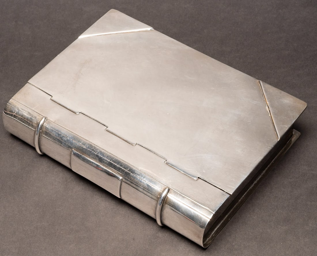 Ralph Lauren Book Cigar Holder Stationery Box: Ralph Lauren Book Cigar Holder Stationery Box Circa 1980s Silver Plated Custom Made Lidded with Two Interior Compartments Designer Mark Stamped to Underside: " Ralph Lauren " Approx: 10"L 7 1/4"W 1