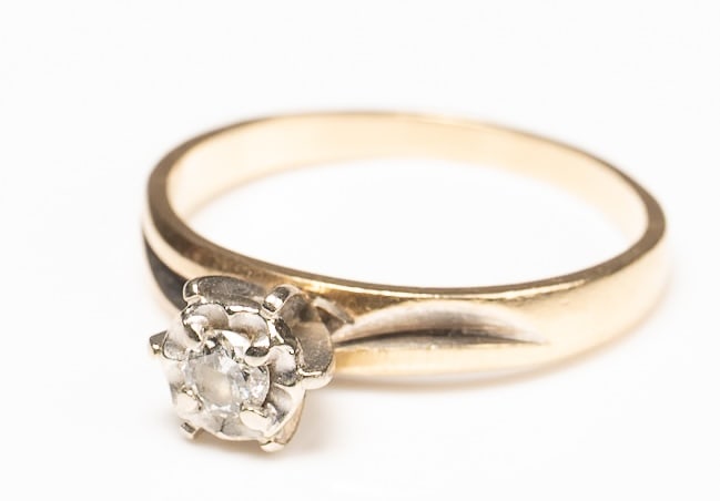 14K Gold & Diamond Solitaire Engagement Ring: 14Kt Yellow Gold & Diamond Solitaire Engagement Ring Featuring .10 KT Round Cut Genuine Tested Diamond in a Classic 6 Prong Mount Tiffany Style Setting which Elevates the Stone to Maximize Light and S