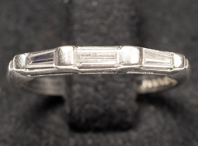 Art Deco Platinum Three Stone Baguette Diamonds Wedding Anniversary Ring: Art Deco Platinum Three Stone Baguette Diamonds Wedding Anniversary Band Ring Features a Three Baguette Cut Genuine Tested Diamonds with Center Diamond Straight Baguette Cut Flanked by Two Trapezoid