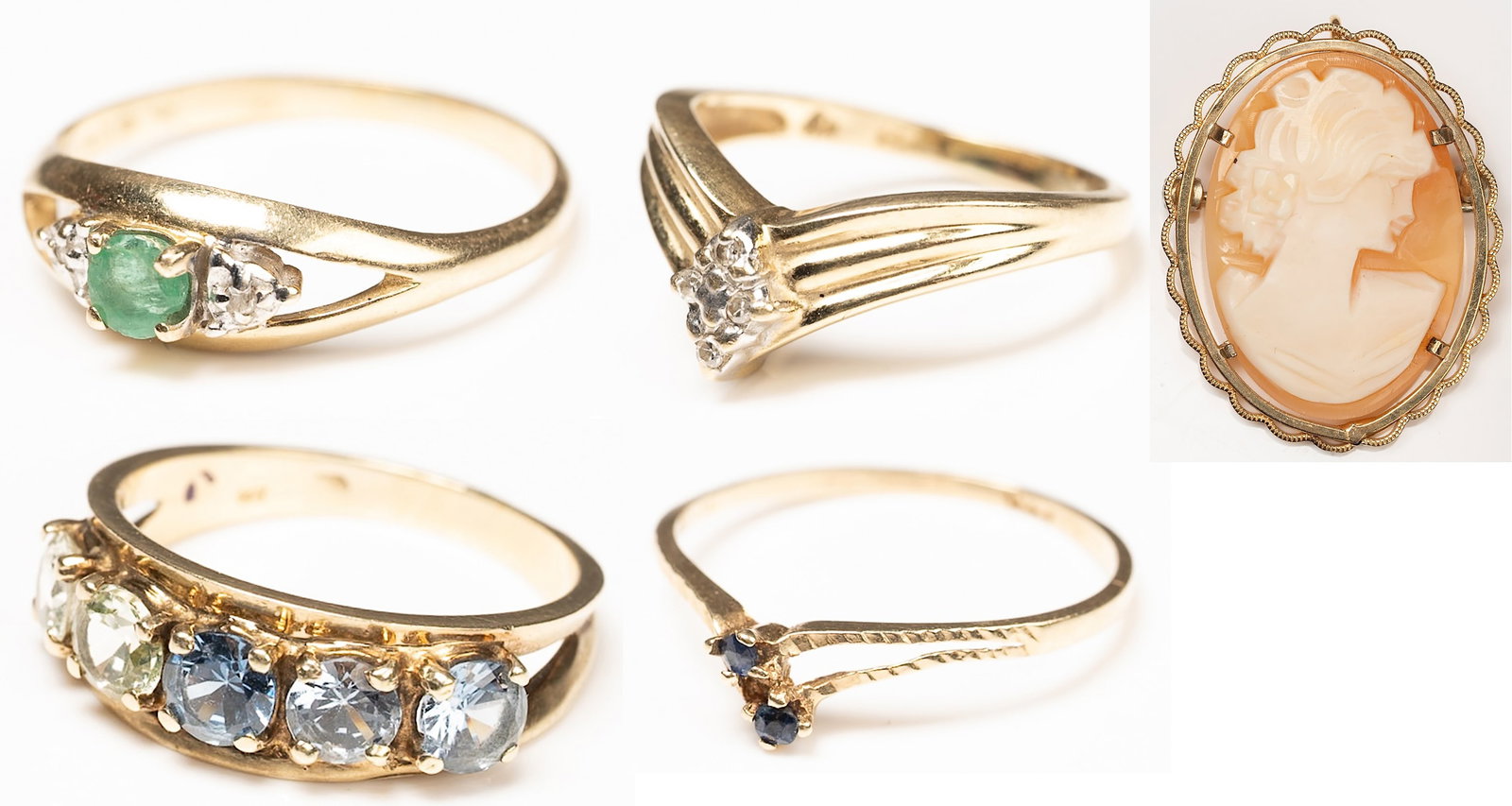 14K-10K Gold Collection Rings Diamonds Sapphires Emerald Topaz Cameo Brooch: 14K-10K Gold Collection Rings Diamonds Sapphires Emerald Topaz & Cameo Brooch Including: 1x 14K Gold " Toi et Moi " Blue Sapphires Bypass Style Ring 1x 14K Gold & Diamonds Chevron Ring 1x 14K Gold Eme