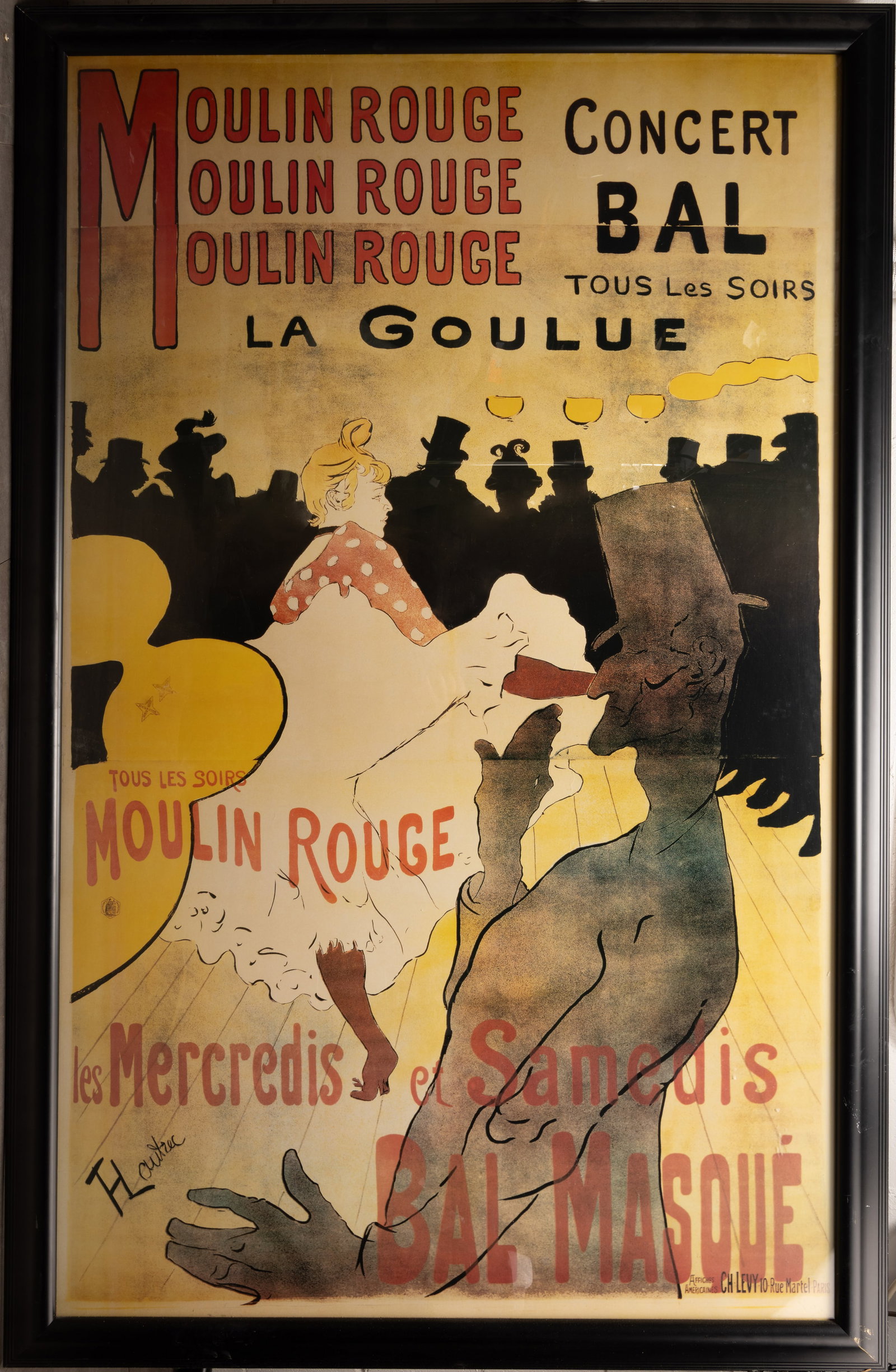 Henri de Toulouse-Lautrec ( French 1864-1901) "Moulin Rouge La Goulue" Advertising Poster 62" x 40": Henri de Toulouse Lautrec ( France 1864 - 1901 ) "Moulin Rouge La Goulue" Lithograph Poster in Color Signed to Lower Left: " F Lautrec" Depicting the Dancer Performing Before a Silhouetteed Audience a