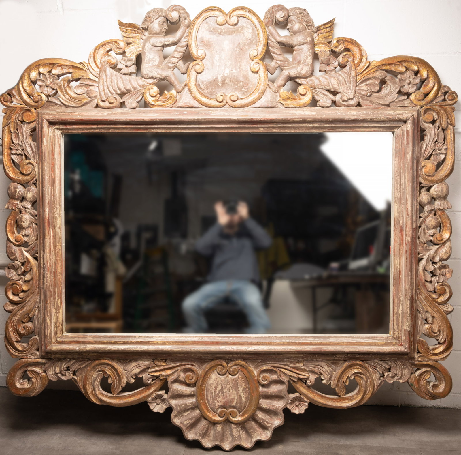 Monumental French Gilt Wood Hand Carved Cherub Wall Beveled Mirror 69" x 67" (1 of 9)