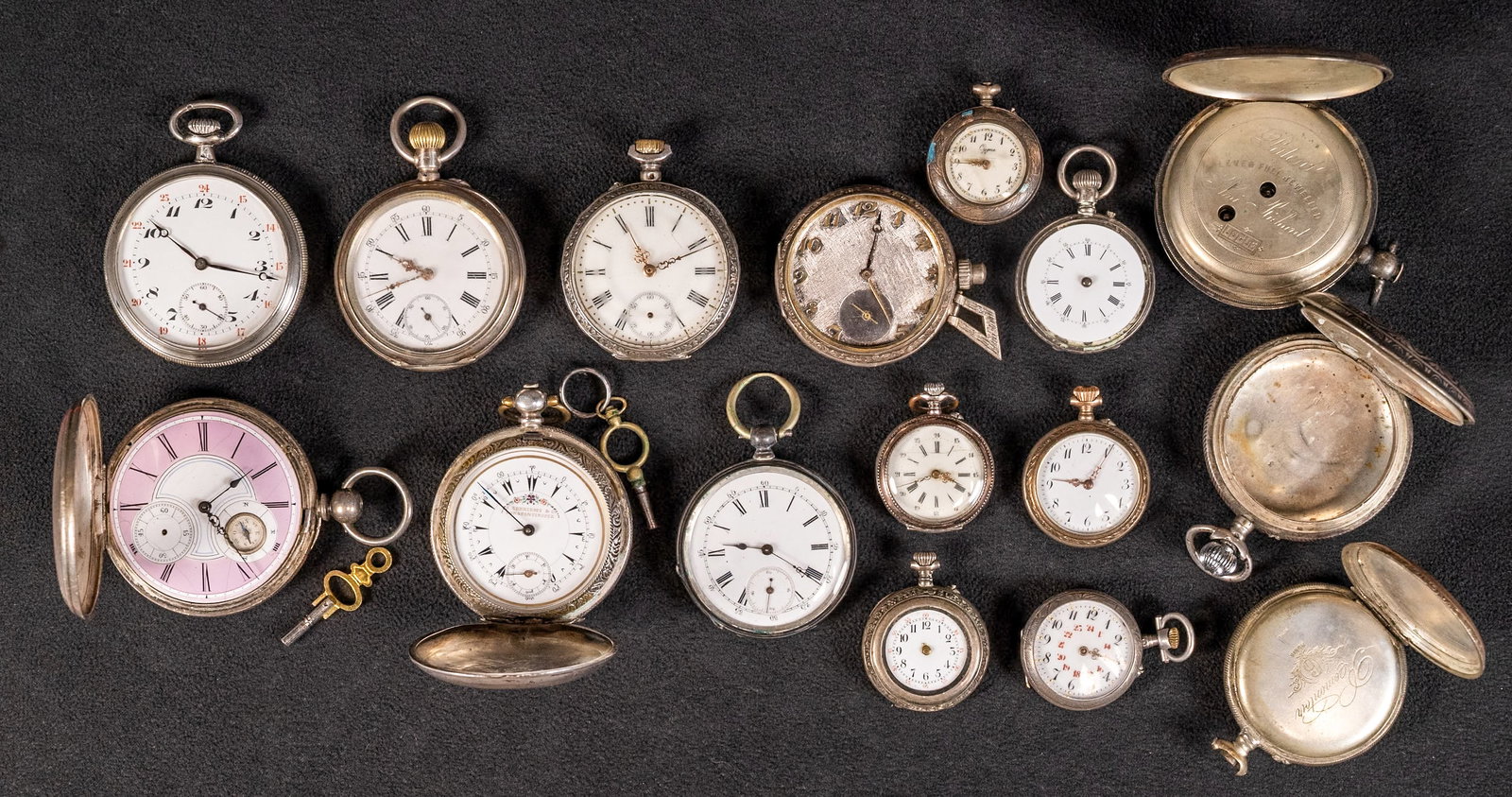 800 Silver Pocket Watch Collection Avance Retard Guilloche Niello etc: 800 Continental Sterling Silver Pocket Watch Collection Including 14x Pocket Watches and 2x Cases Lot Comprising: 1x K Serkisoff & Co by Billodes in 800 Silver Double Hunter Case with Winding Key in W