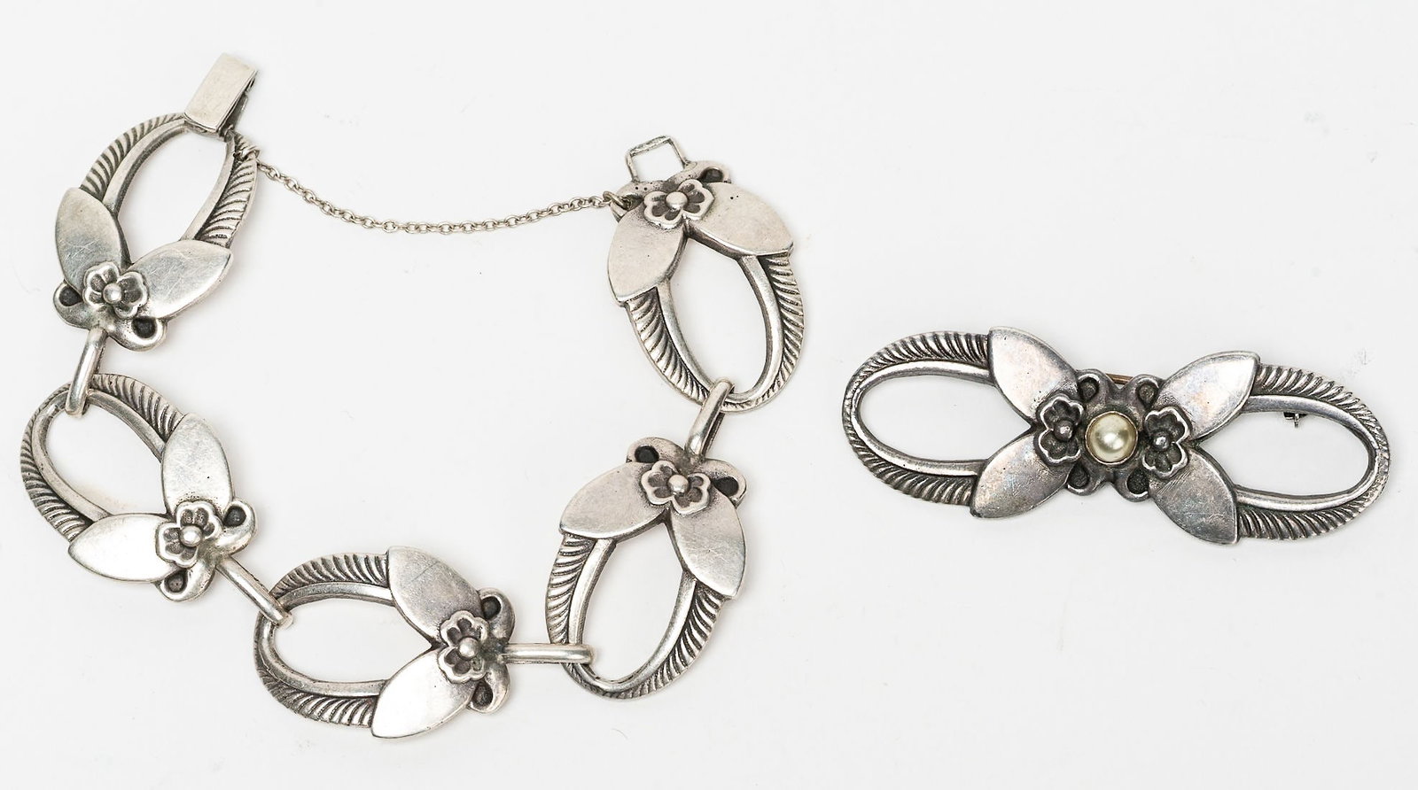 Georg Jensen ( Denmark 1866-1953)Sterling Silver "Cactus" Link Bracelet and Matching Pearl Brooch (1 of 7)