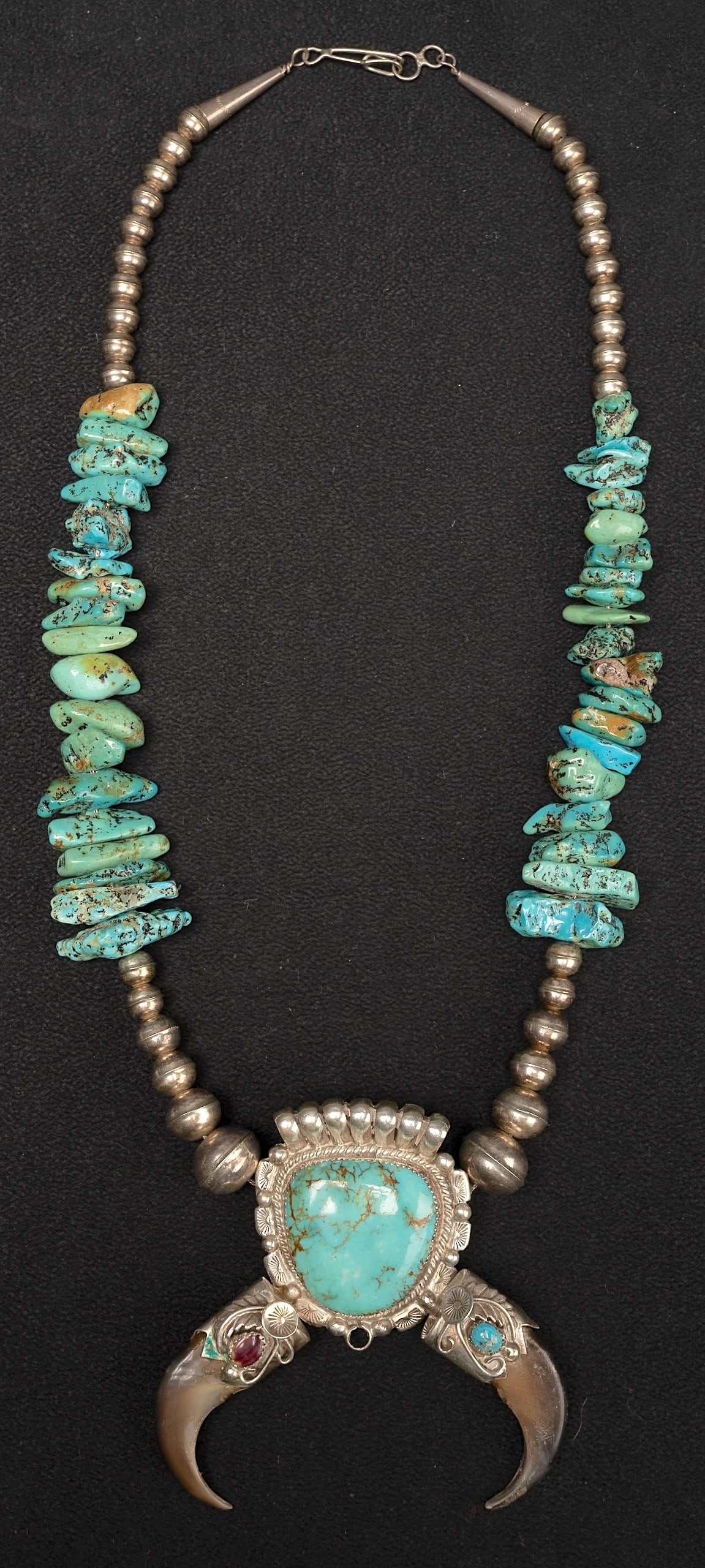 Old Pawn Navajo Bear Claw Turquoise Squash Blossom Sterling Silver Necklace (1 of 9)