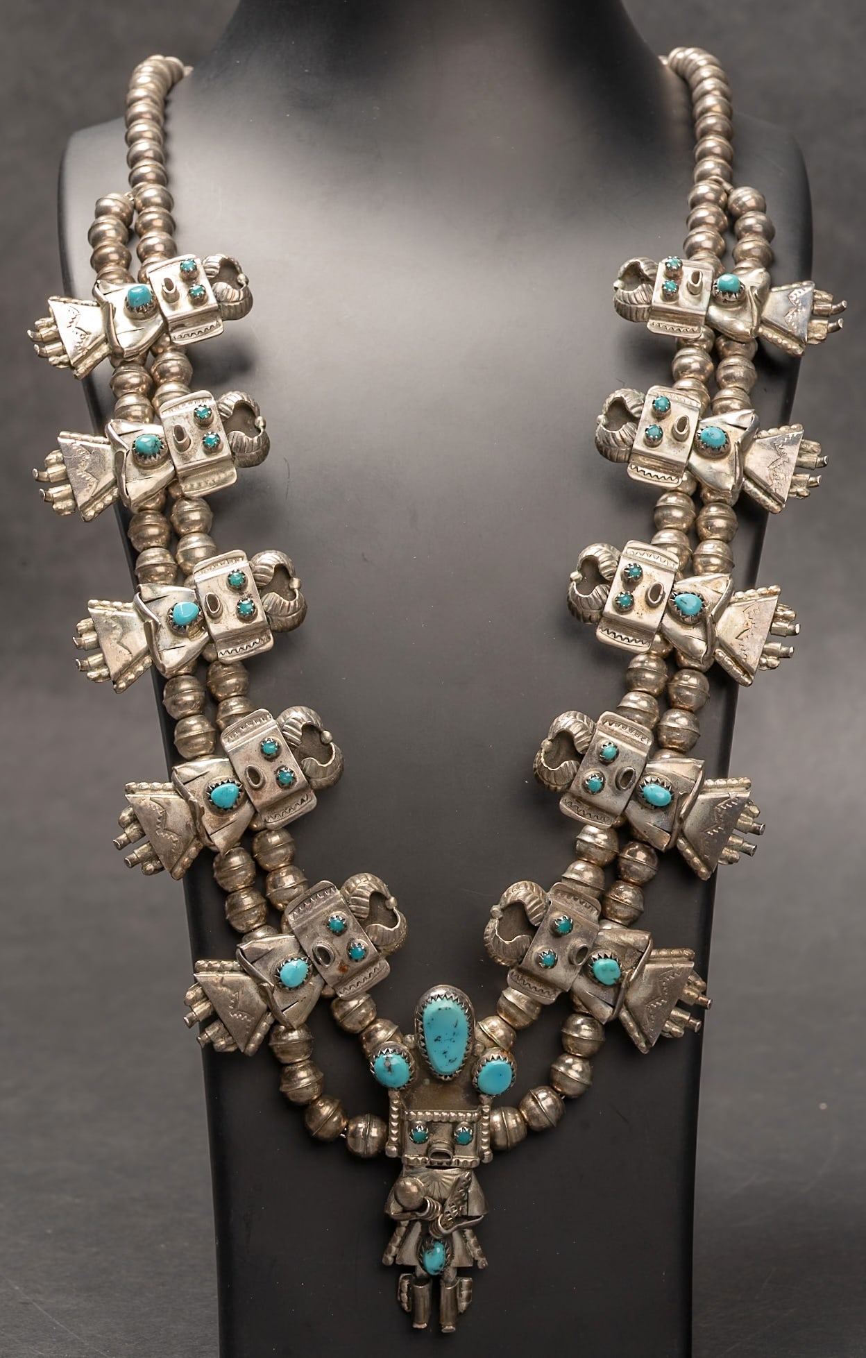 Doris Smallcanyon Navajo Kachina Squash Blossom Turquoise Sterling Silver Necklace (1 of 10)