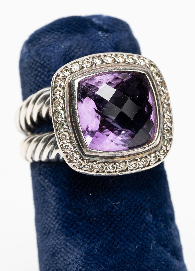 David Yurman Petite Albion Sterling Silver Amethyst Pave Diamond Ring (1 of 8)