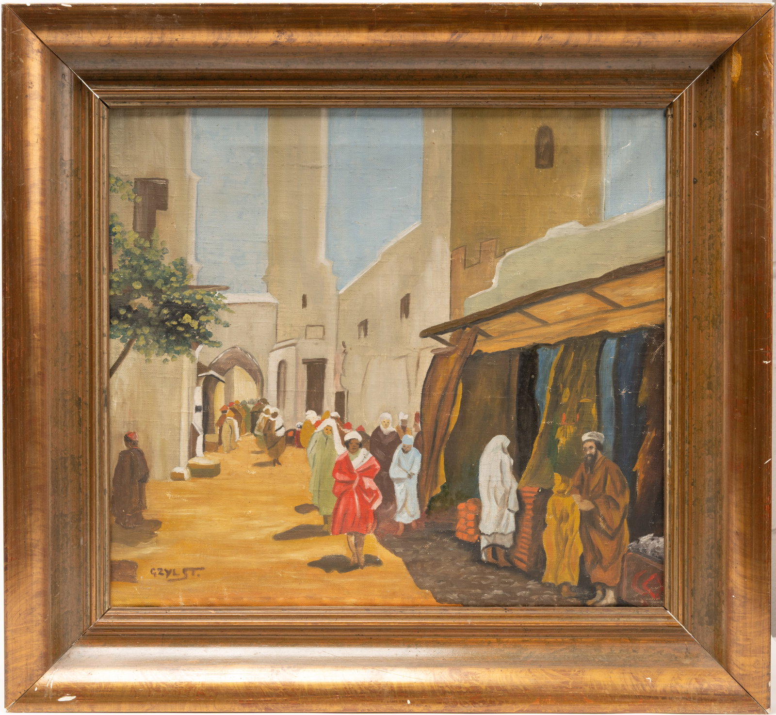 Orientalist Market Scene Oil on Canvas Signed (1 of 8)