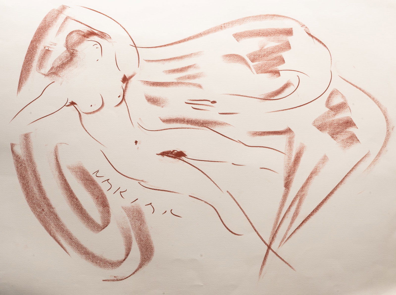 Reuben Nakian (American, 1897-1986) "Leda and the Swan" 1980: Reuben Nakian (American, 1897-1986) 'Leda and the Swan' Sanguine Ink on Paper Signed lower left 1980 30" Length 22.5" Height Nude Nymph greek mythology in Overall Good Condition We Provide Efficient a