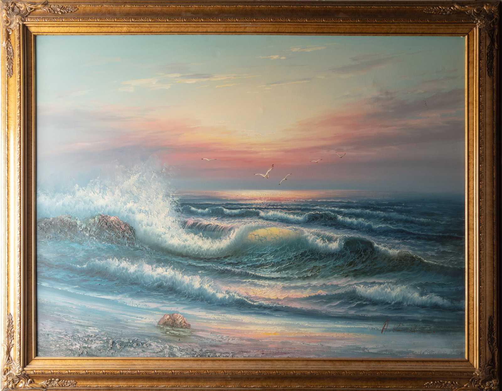 20th C Picturesque Seascape Oil on Canvas Signed Illegible: Exceptional Late 20th Century Seascape Oil on Canvas Signed Illegibly Atmospheric motif Sunrise Sea view Crashing waves with seagulls flying 55 1/2" Length 44" Height Art 48" Length 36" Height in