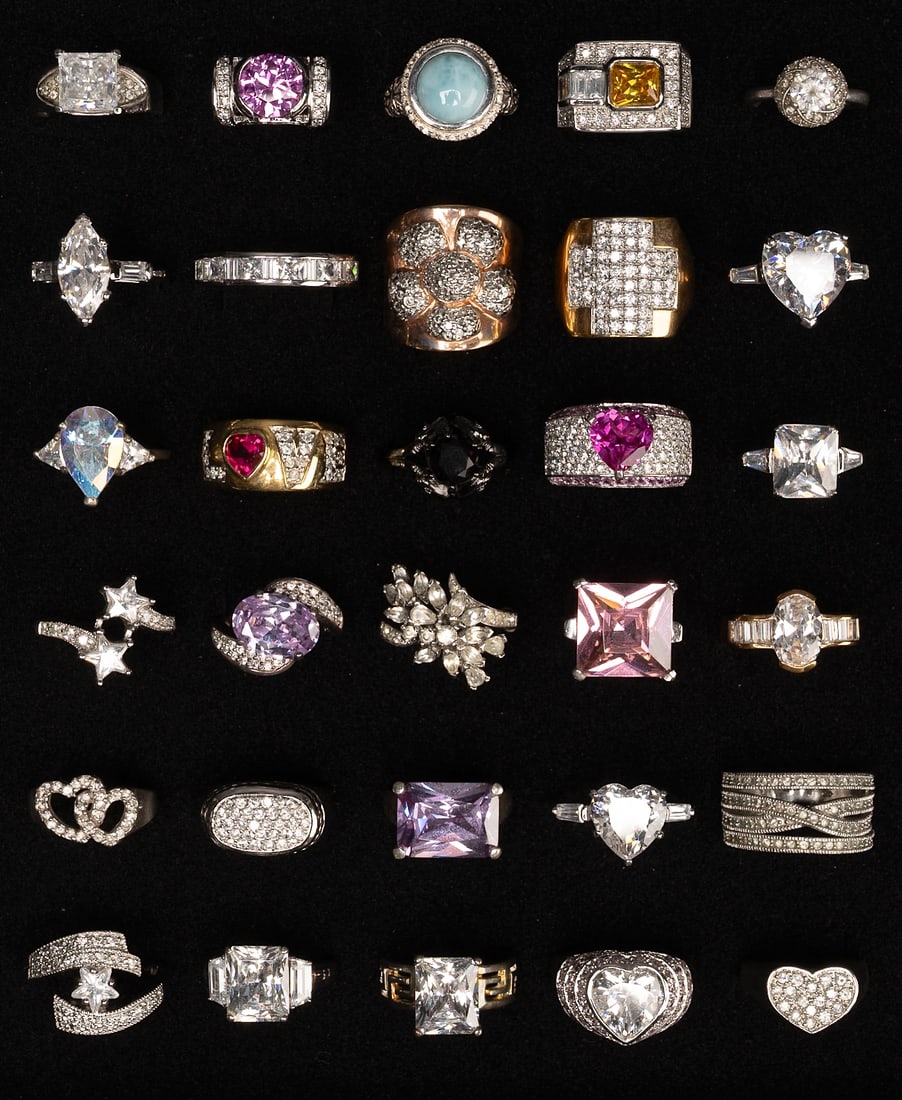 Large Sterling Silver Ring Collection: Large Sterling Silver Rings Collections of 30 Rings in Various Sizes Shapes Styles Models Etched Various Motifs Floral Heart Shaped Reticulated Adorned with Prong or Bezel Set Rhinestones and Gem