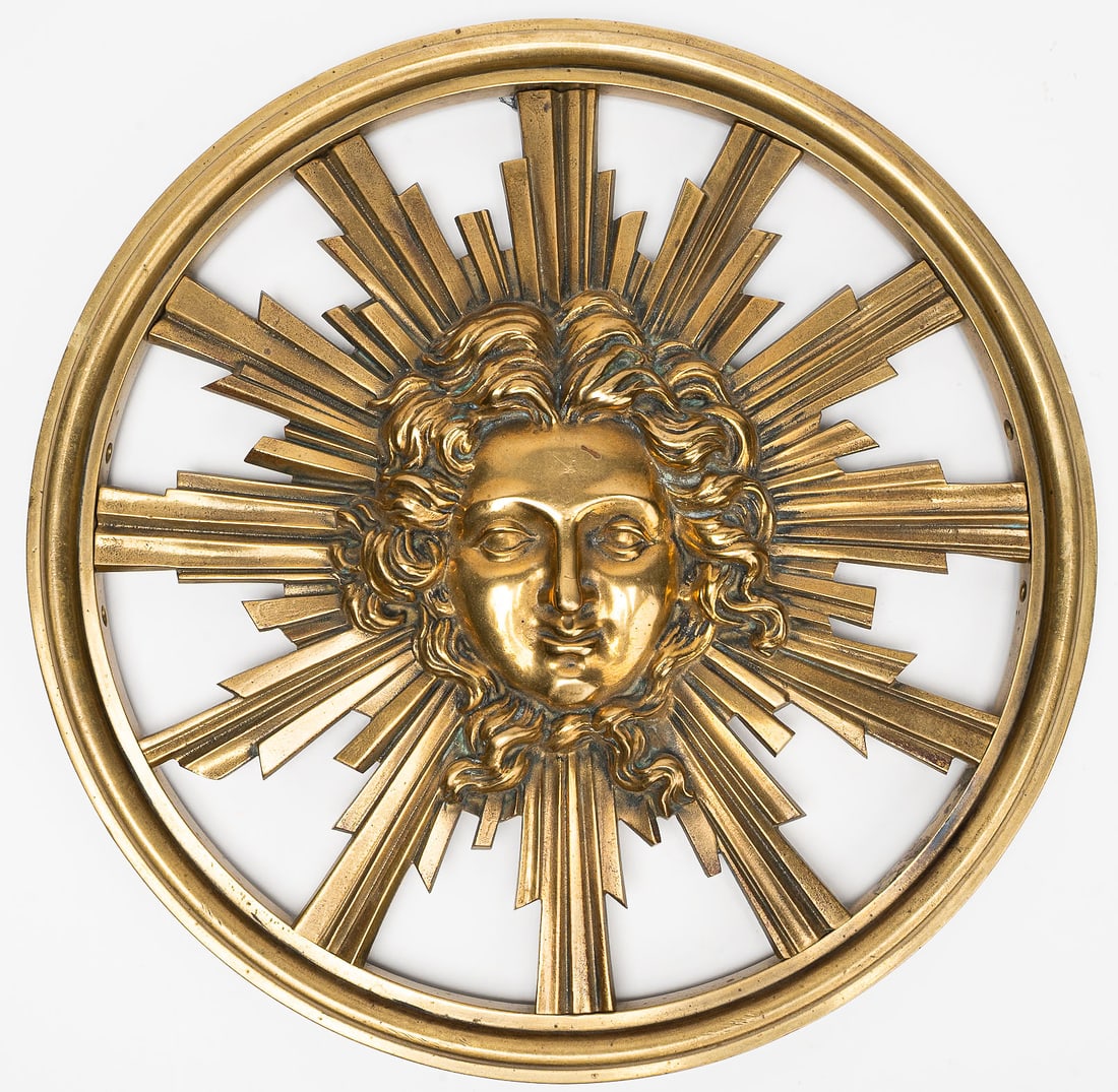 Dore Bronze Medusa Wall Sculpture: Solid Gilt Bronze Medusa Wall Sculpture English High Relief Portrait Wall art Bust of Medusa embossed on a sunburst design with Snake-like hair in the shape of a Ship's wheel Engraved "2" on top.