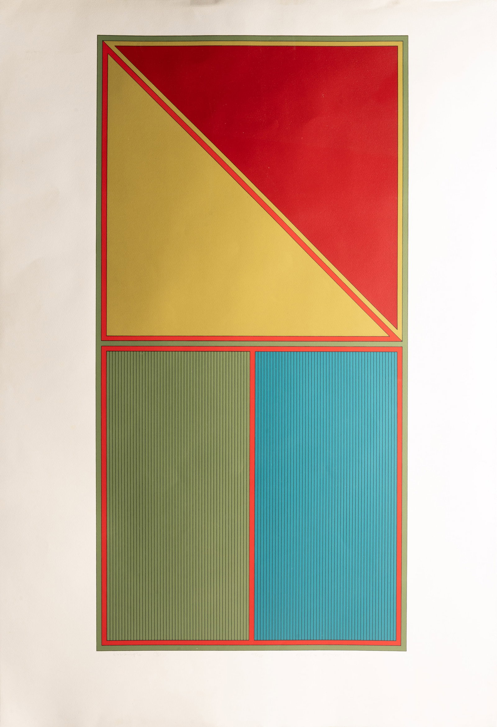 Gordon House ( British 1932-2004) "Triangle B" 1971: Gordon House ( Britian English1932 - 2004 ) Triangle B. 1971 Serigraph Signed Titled Dated and Numbered in Pencil 40 1/4" Height 27 1/2" Length Mid-Century Modern Abstract geometric Op art Mulitcolor