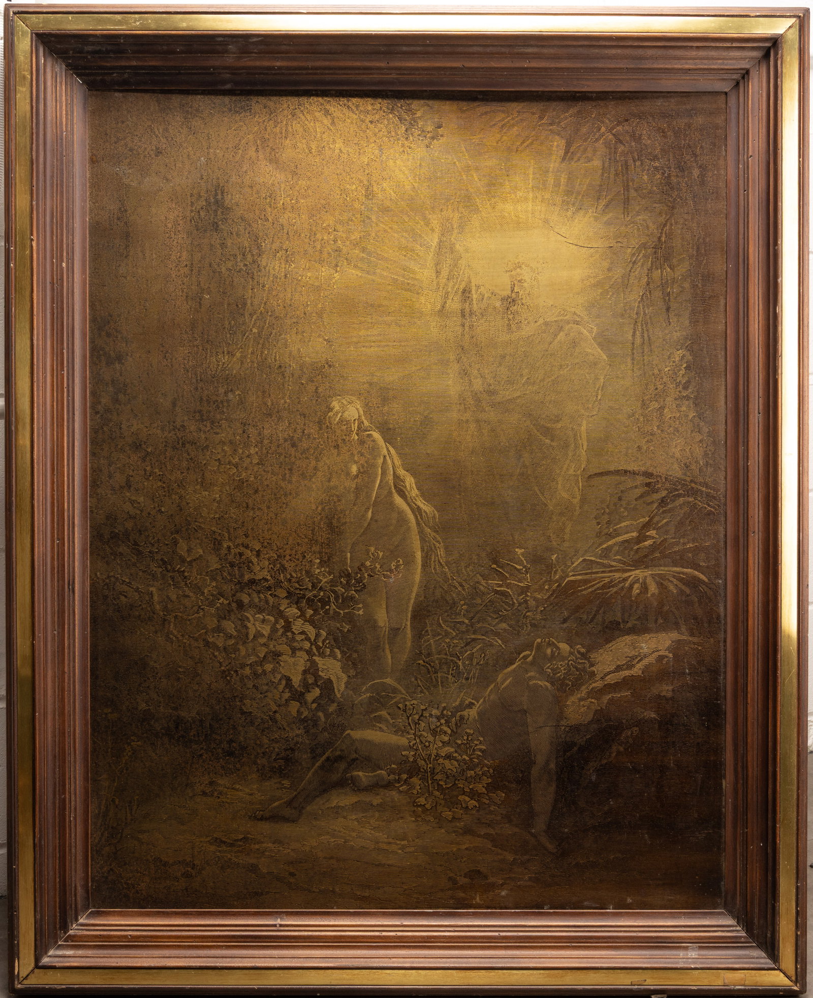 Gustave Dore ( French 1832-1883) "The Formation of Eve": Gustave Dore ( France 1832 - 1883 ) "The Formation of Eve" Gold Silkscreen on Brass circa 1930s Scene depicts the Biblical moment from Genesis 2:21-22 where Eve is formed from the rib of a sleeping