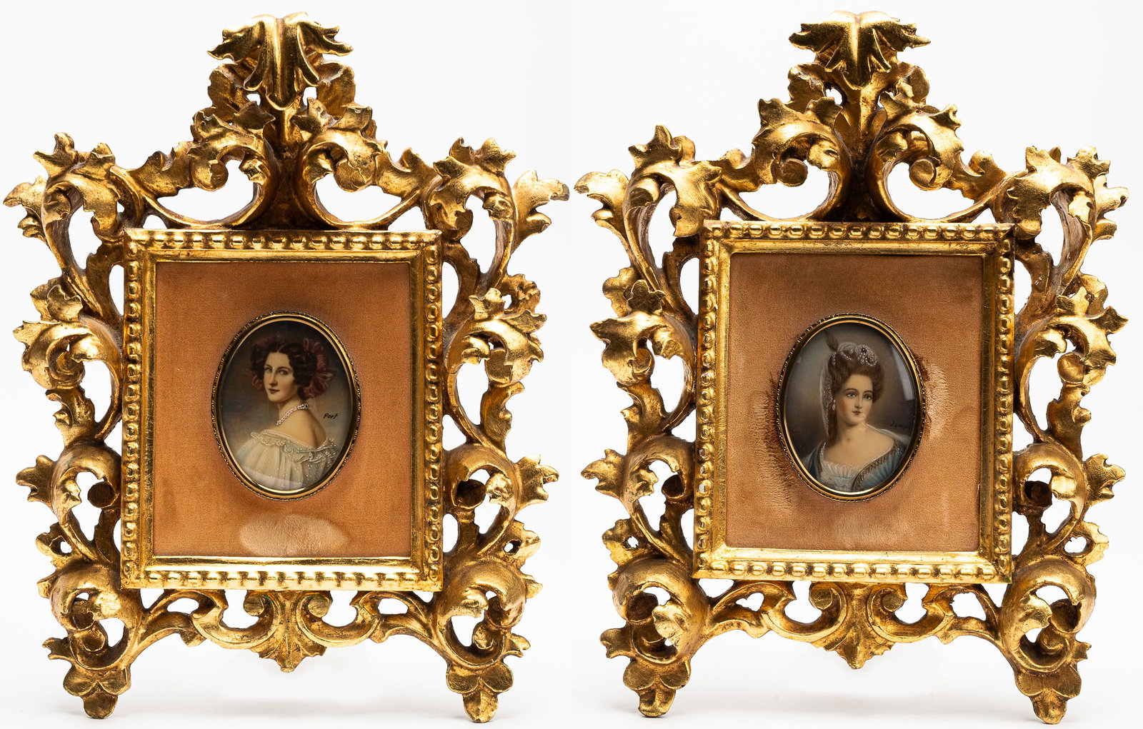 Oil on Bone Painting Collection Rococo Carved Gold Gilt Frame: Miniature Oil Paintings Oval Portraits of Women with High class possibly Queens European Oil on Bone or Celluloid Each Signed Dressed in Regency attire Rococo Gold Gilt Gilded Carved Wood Frames