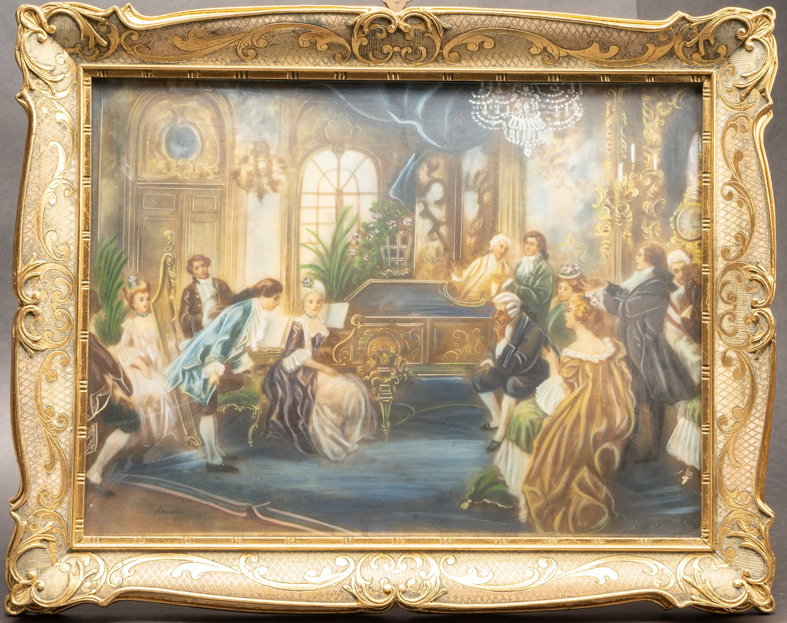 Rococo Parlor Scene Oil on Bone Signed Illegible: Parlor Classical Scene Oil on Bone or Celluloid Rococo style Concert at the Royal Court genre scene elaborately detailed depicting a group of musicians performing for the royal family & guests