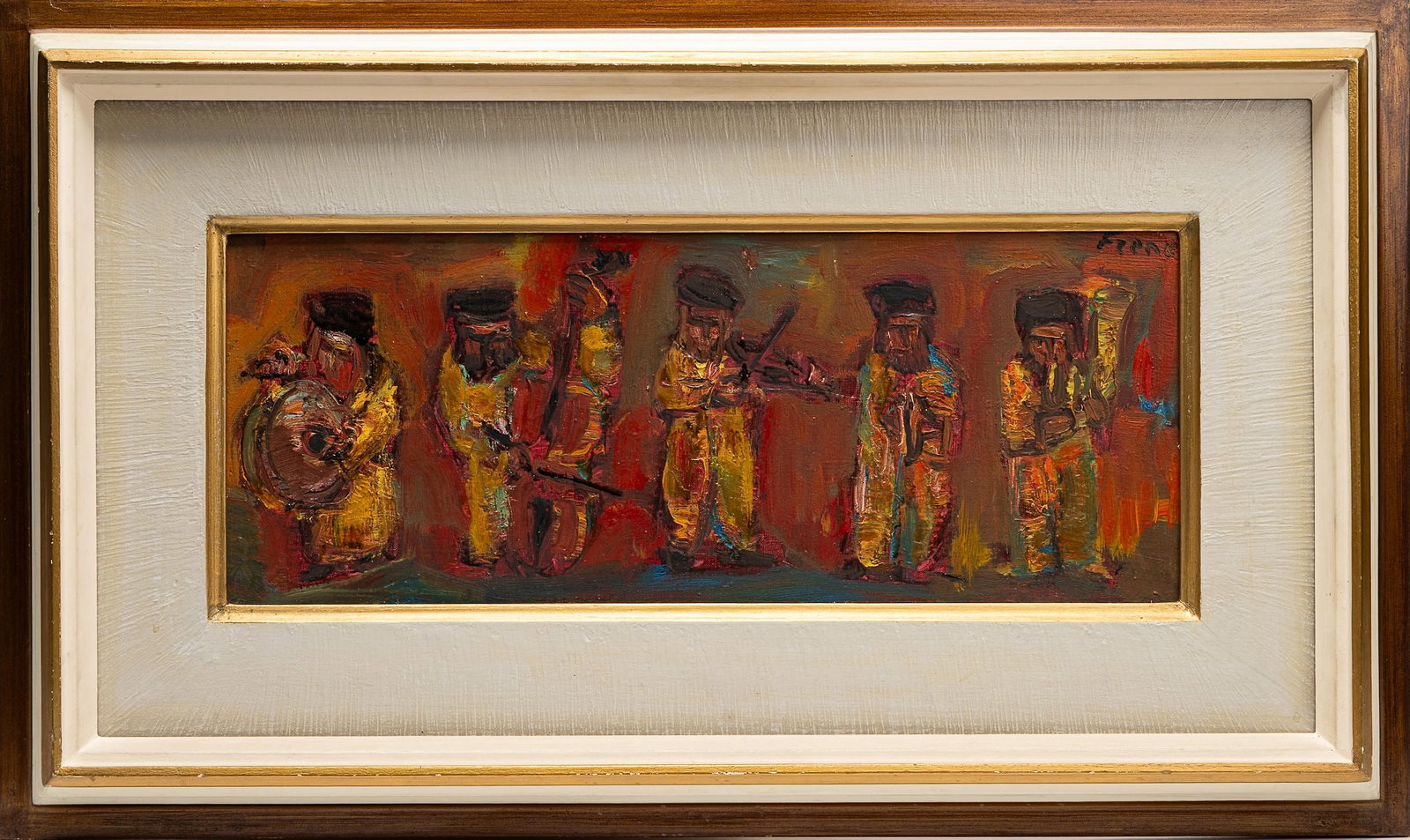 Yitzak Frenel Frenkel ( Israel 1899-1981): Yitzak Frenel-Frenkel ( Russian Israeli 1899 - 1981 ) Musicians Oil on Canvas Signed upper right 26 1/2" L 16" H Art 19" L 7 1/2" H Judaica abstract Rabbis Fauvist Oil in Overall Great Condition We