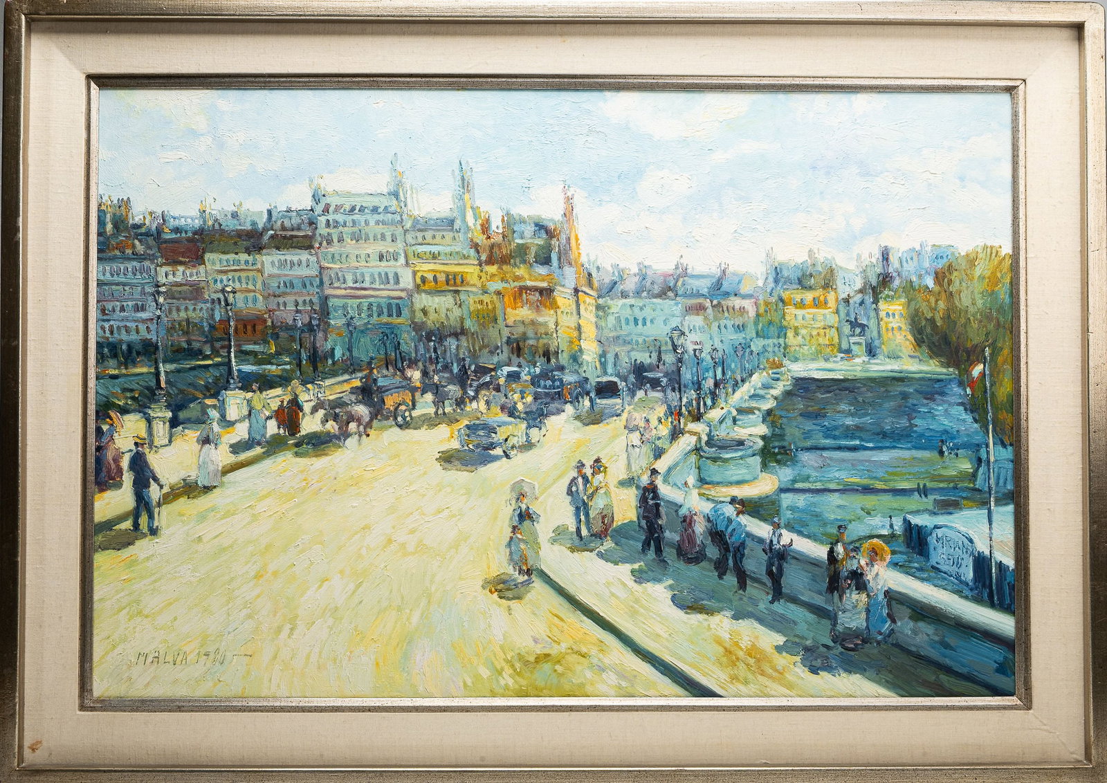 Omar Hamdi Malva ( Syria 1951-2015) French Cityscape: Omar H. Malva ( Syrian / Austrian 1951 - 2015 ) Impressionist Paris City Landscape Oil on Canvas of Pont Neuf France Signed & Dated 1980 lower left 42" L 30" H Art 36" L 24" H 'ile de la Cite' Street