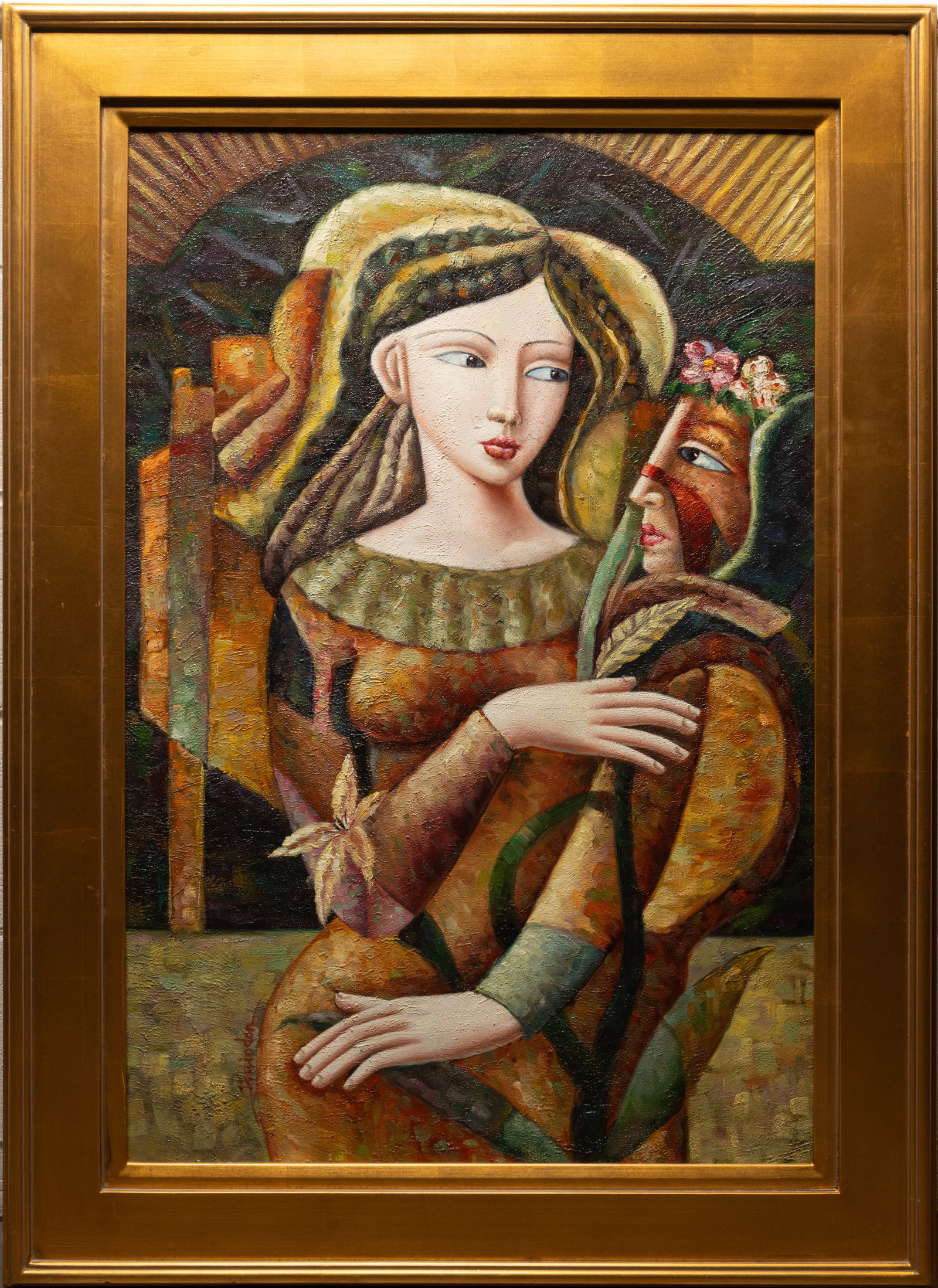 Oleg Zhivetin ( Russia America b. 1964) Surrealist Oil on Canvas: Oleg Zhivetin ( Russian / American born 1964 - ) Cubist style Surrealist Oil and Acrylic on Canvas Signed illegible lower left circa early 21st century Scene symoblizes Carnation depicting a couple in