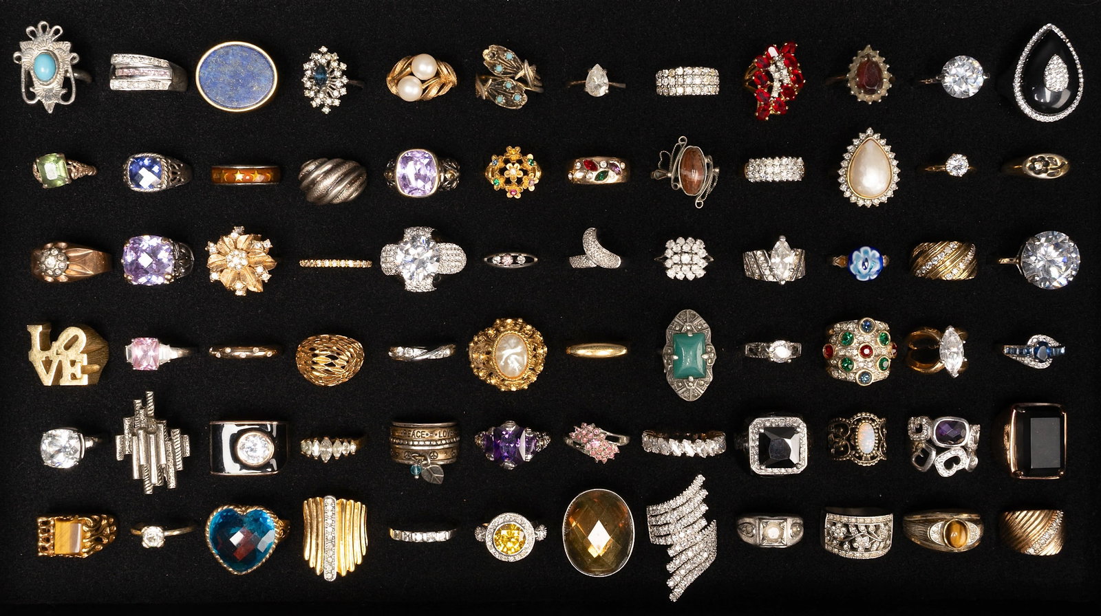 Large Costume Jewelry Ring Collection: Large Costume Jewelry Rings Collection of 100 Rings Including Signed Pieces: JA Gautier Sajen Paj B 5x 925 3x 18KTHE 18K 18KTGE 18KHGE 18K and more in Various Sizes and Shapes Styles Art Deco Mid Cent