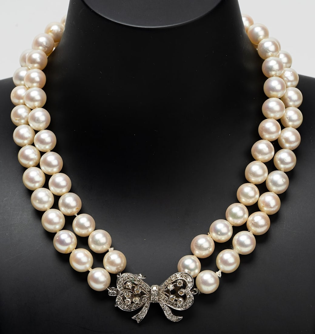 14K White Gold & Diamonds Two Strand Pearl Choker Necklace (1 of 5)