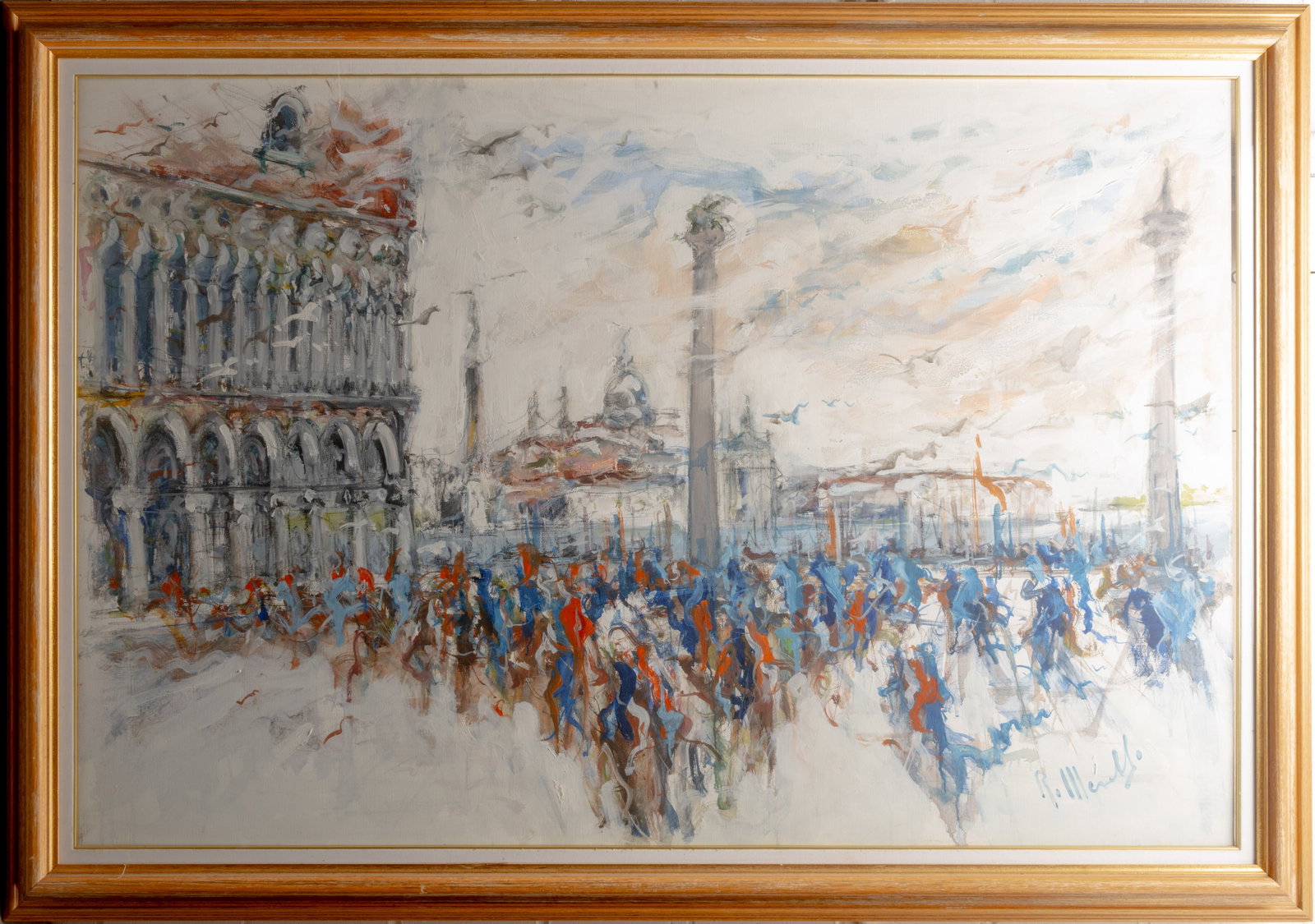 Italian Impressionist Acrylic Landscape St. Mark's Square Venice Signed Illegibly 5.5 x 4Ft: Monumental Impressionist Landscape Acrylic on Canvas of Palazzo Ducale in St Marks Square Venice, Italy Signed Illegibly lower right and reverse Dated 2000 66 1/2" L 47" H Canvas 59" L 39 1/2" H Venet