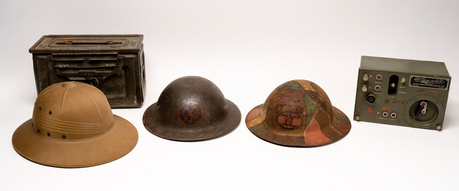 Military Surplus Collection Anson Mills Ammo Belt Helmet Hat etc: Militaria SurplusField Gear Collections Grouping Group Lot British Military Camo Steel Brodie Helmet Multi Color Camouflage Paint Hand Applied Insignia FKS 71 And ZF40 Associated with British Army