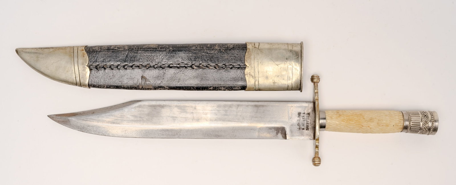 J. English & Hubers Sheffield Stag Handle Bowie Knife w/ Sheath (1 of 8)