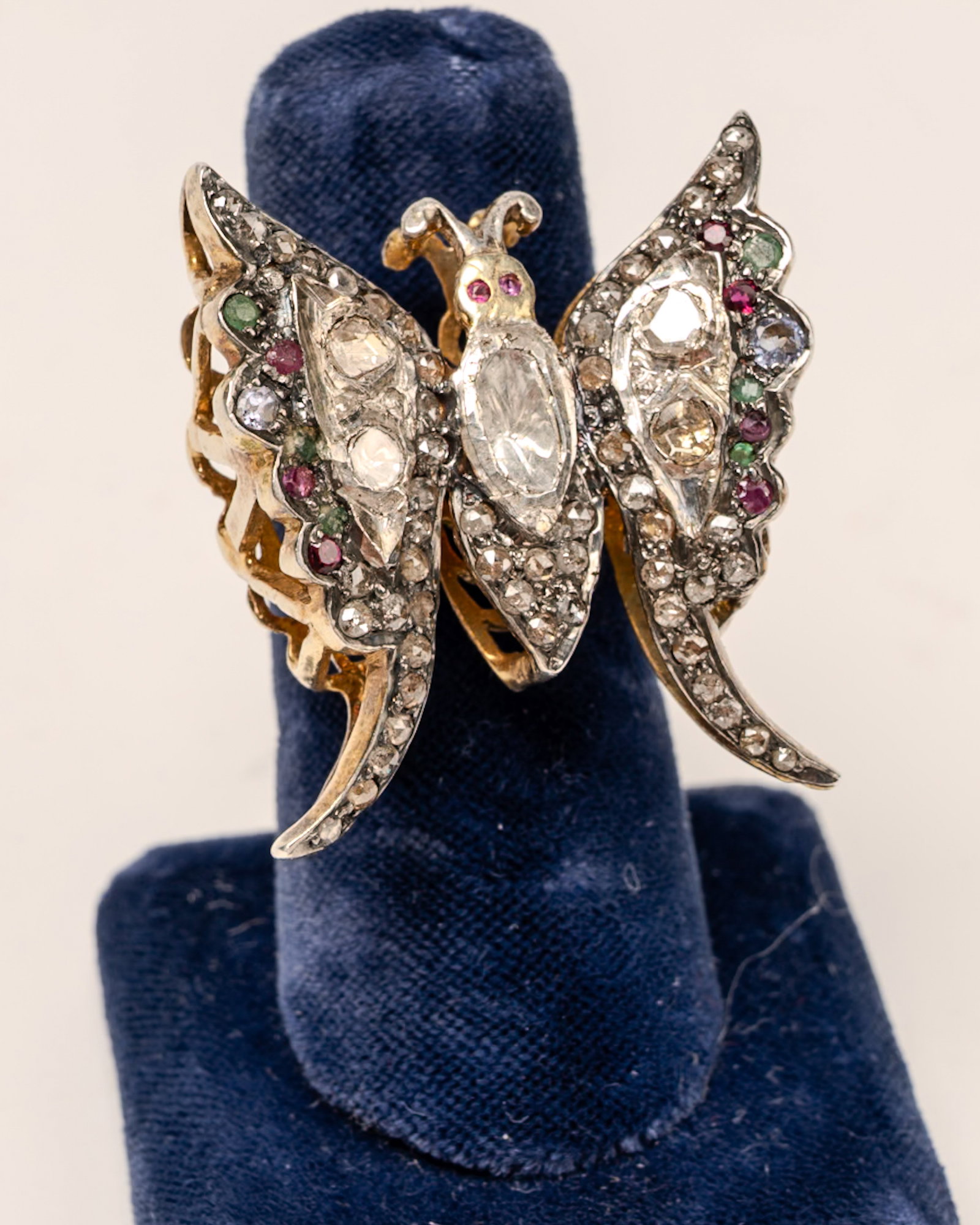 Polki Diamond & Multi Gem Butterfly Statement Ring - 2