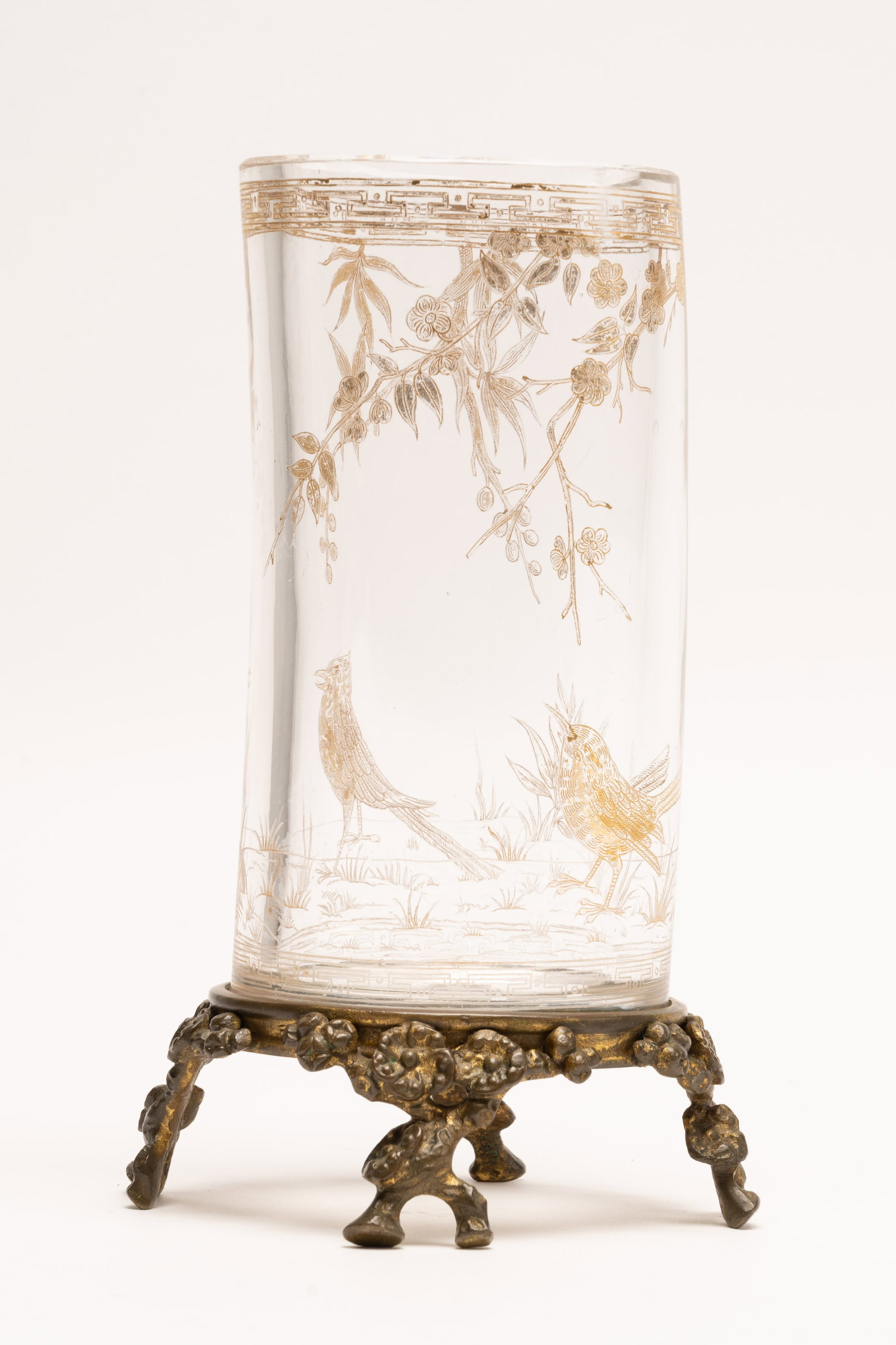 19th c. Baccarat France Japonisme Ormolu Crystal Vase: 19th / 20th Century French Baccarat Ascribe Japonisme Ormolu Art Glass Cylindrical Slightly Curved Body with Thick Heavy Cristal Japanese Influenced Design Gilt Decorated Birds and Foliage Cherry Blos