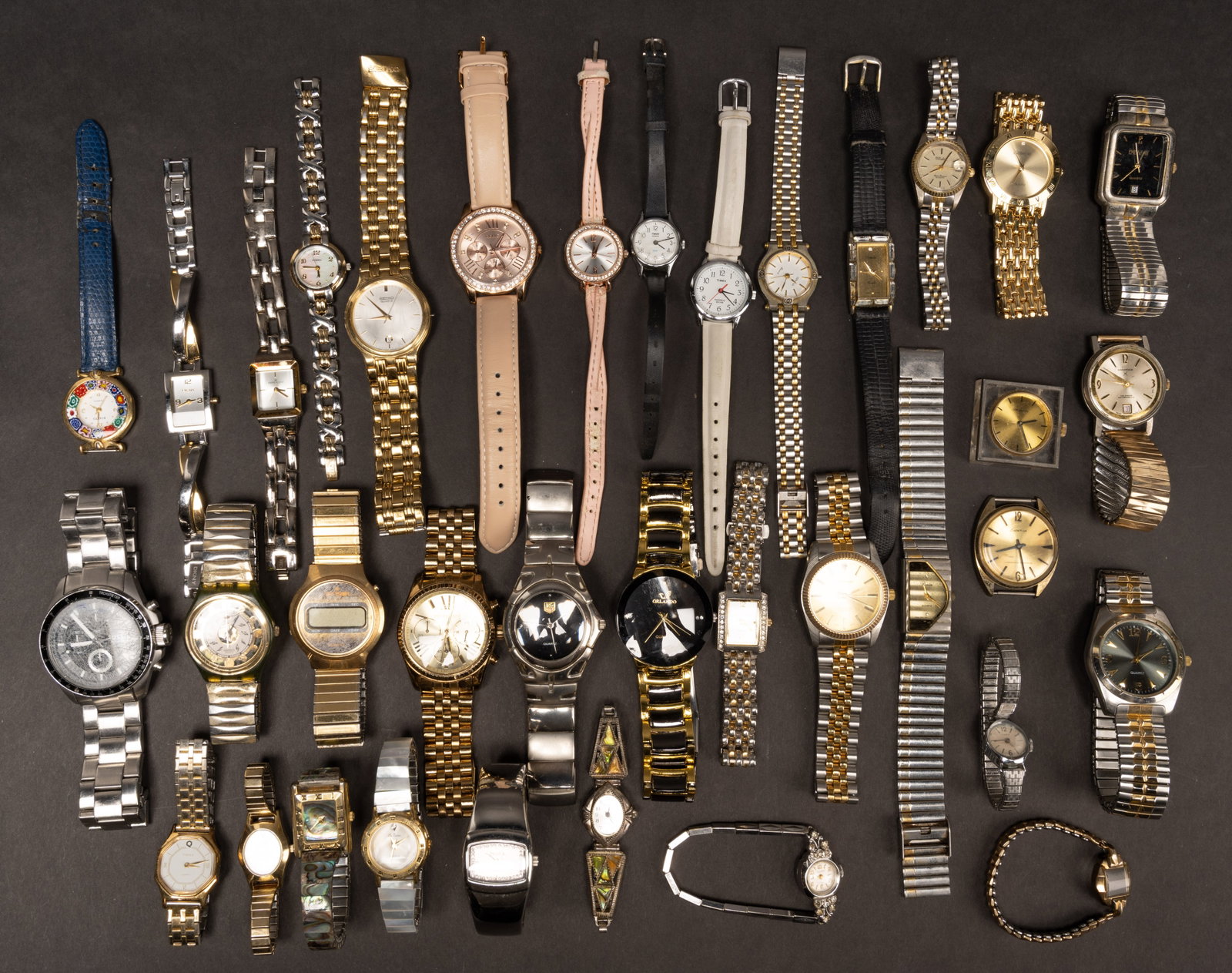 Large Vintage Wristwatch Lot Swatch Murano Timex Mop: Large Vintage Wrist Watch Lot of Over 46 Wristwatches Sport Casual Dress Leather and Stainless Steel Band Bracelet Collection Various Brand Model Lot Contain Watches From Companies Such As: Swatch,